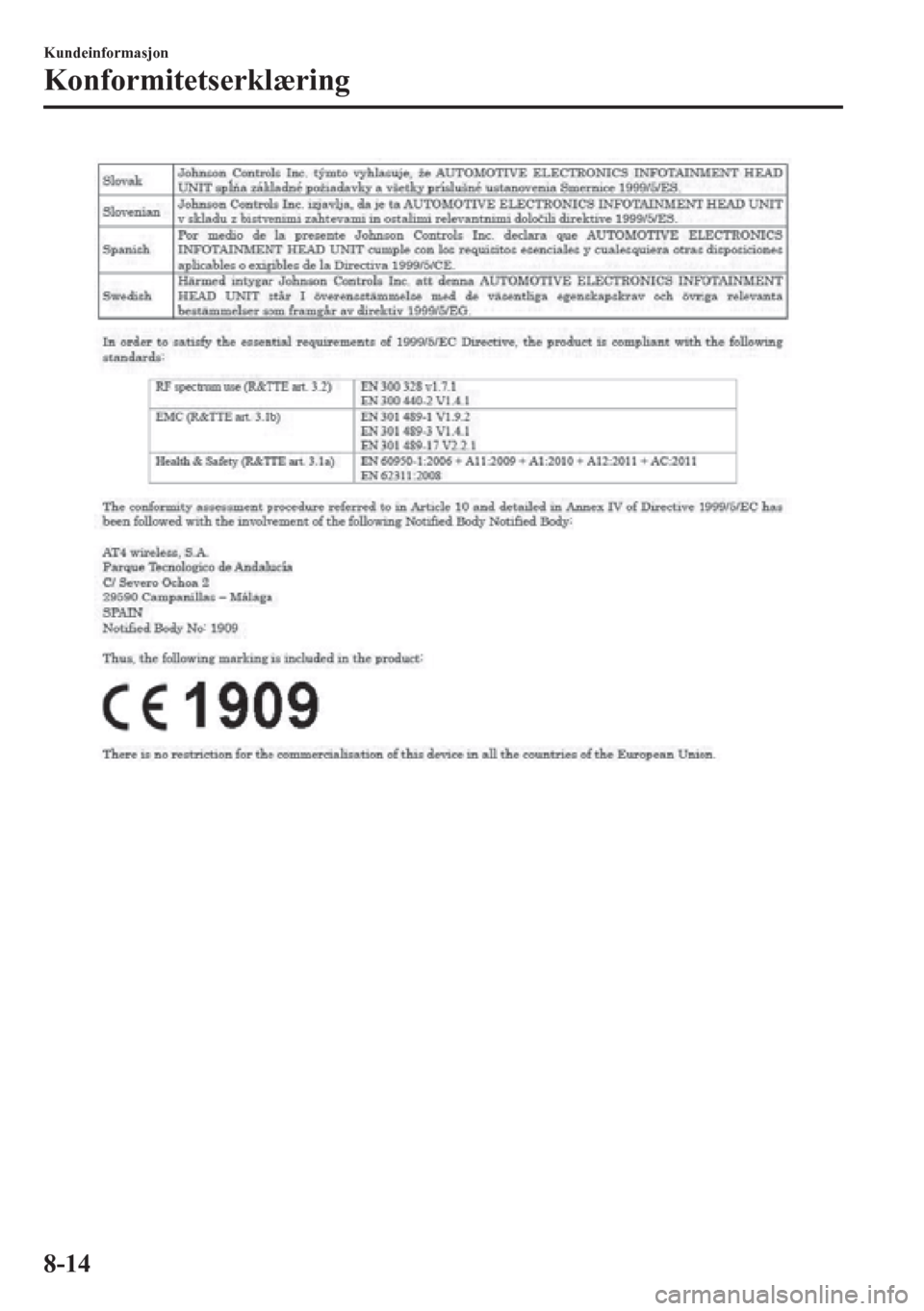 MAZDA MODEL 6 2016  Brukerhåndbok (in Norwegian) Kundeinformasjon
Konformitetserklæring
8-14 