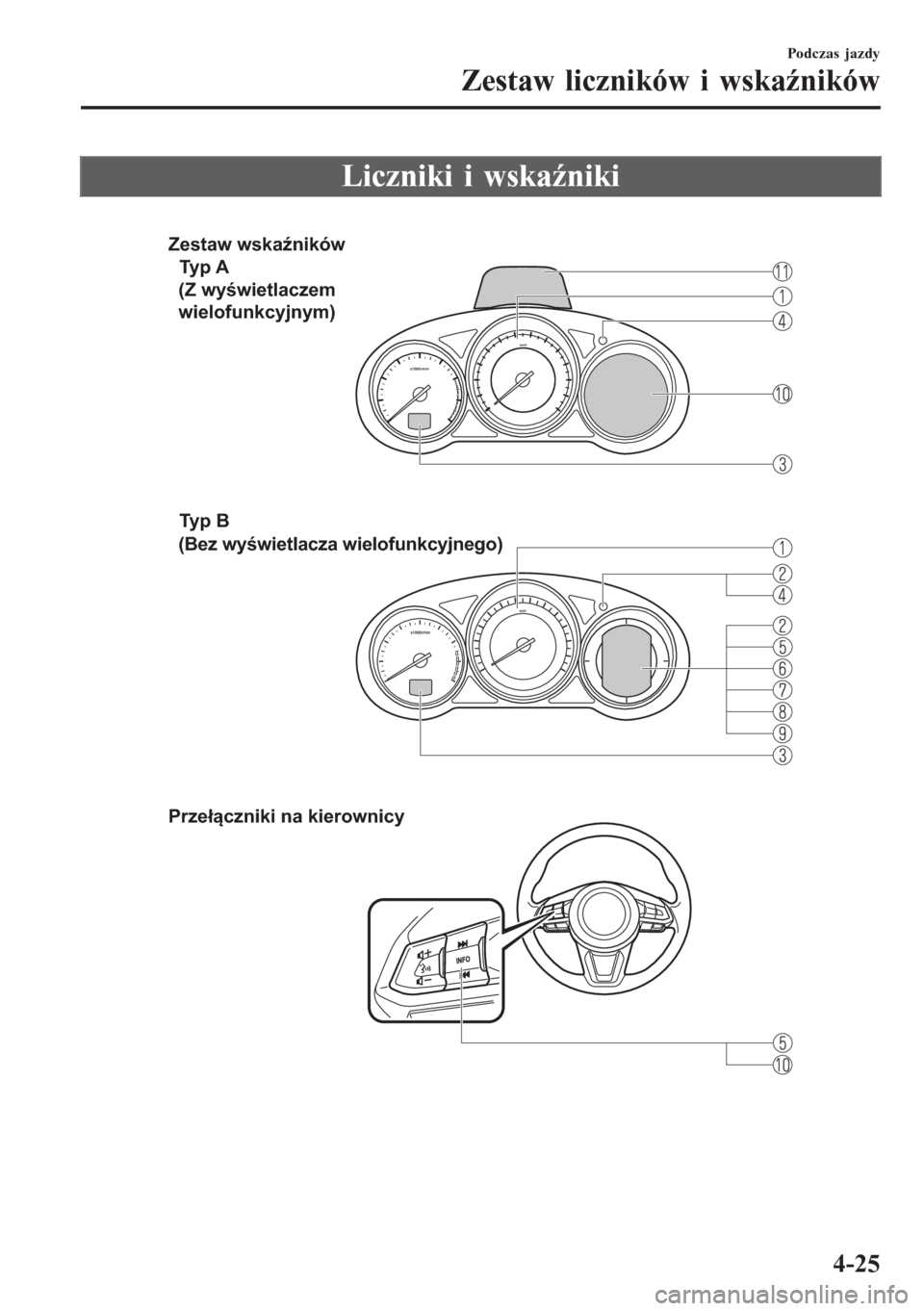 MAZDA MODEL 6 2016  Instrukcja Obsługi (in Polish)  Liczniki i wskaźniki
 
Zestaw wskaźników
Ty p  A
Ty p  B
Przełączniki na kierownicy
(Z wyświetlaczem 
wielofunkcyjnym)
(Bez wyświetlacza wielofunkcyjnego)
Podczas jazdy
Zestaw liczników i wska