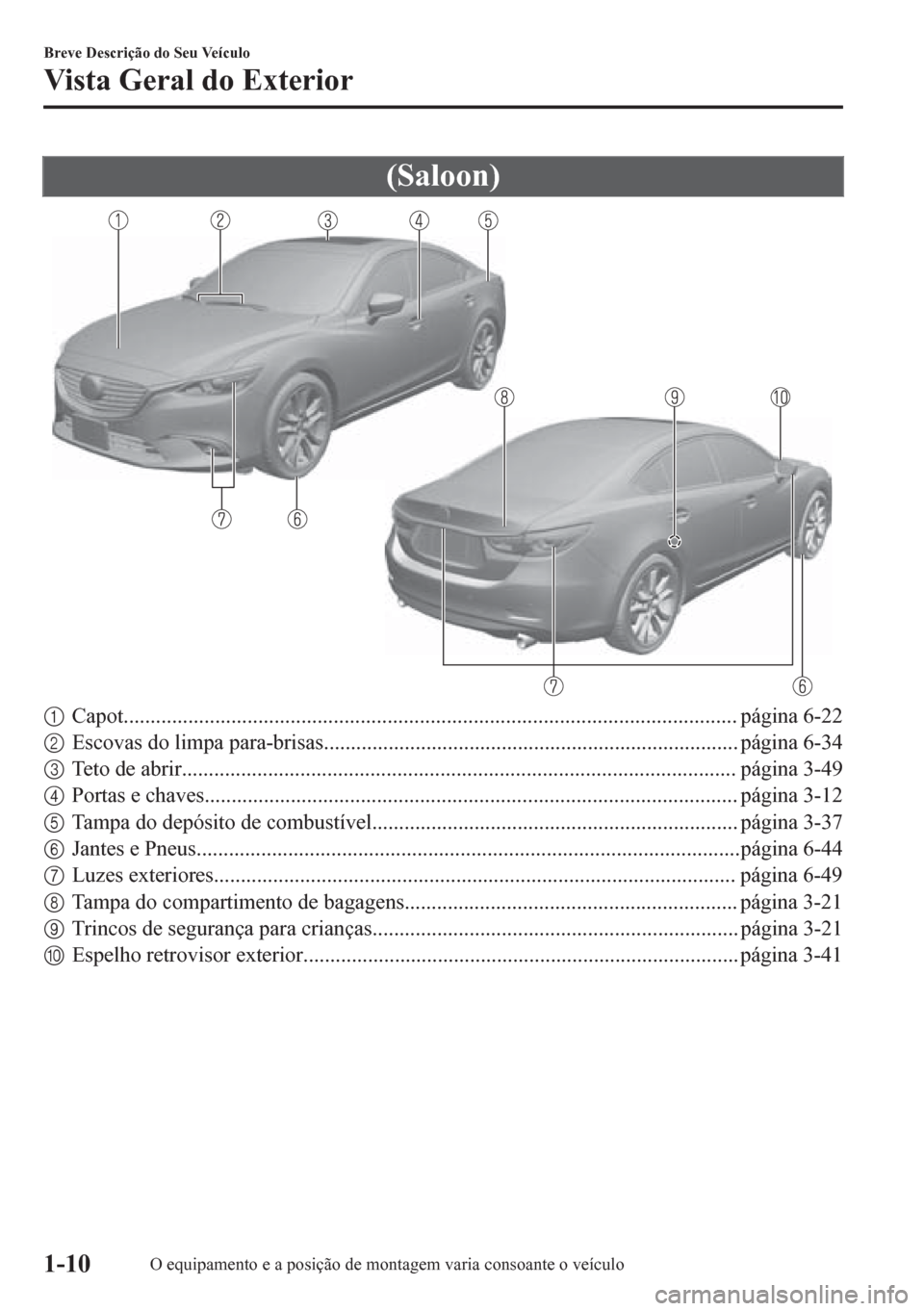 MAZDA MODEL 6 2016 Manual do proprietário (in Portuguese) (Saloon)
1Capot.................................................................................................................. página 6-22
2Escovas do limpa para-brisas............................ MAZDA MODEL 6 2016 Manual do proprietário (in Portuguese) (Saloon)
1Capot.................................................................................................................. página 6-22
2Escovas do limpa para-brisas............................