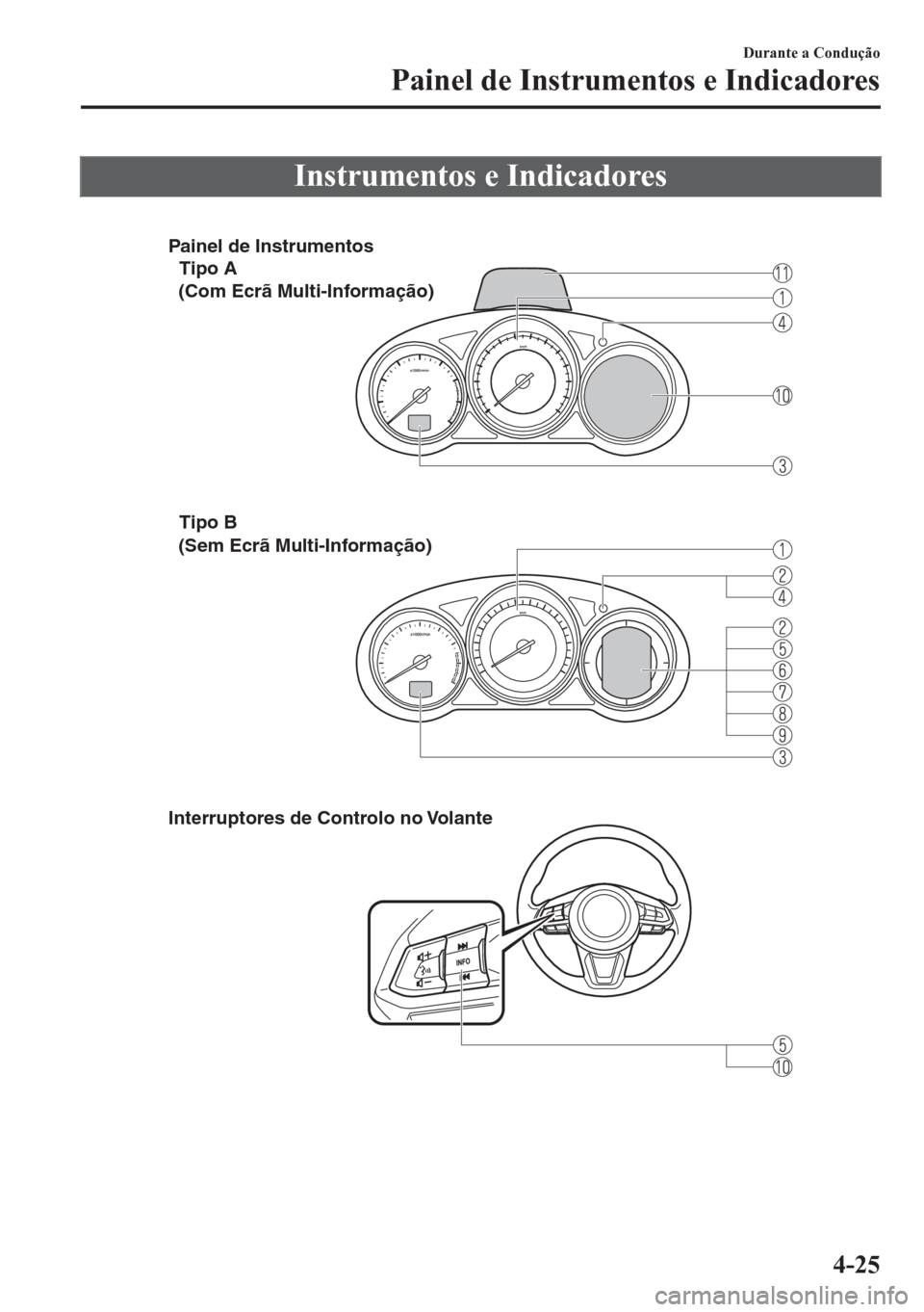 MAZDA MODEL 6 2016  Manual do proprietário (in Portuguese) Instrumentos e Indicadores
 
Painel de Instrumentos
Tipo A
Tipo B
Interruptores de Controlo no Volante
(Com Ecrã Multi-Informação)
(Sem Ecrã Multi-Informação)
Durante a Condução
Painel de Inst