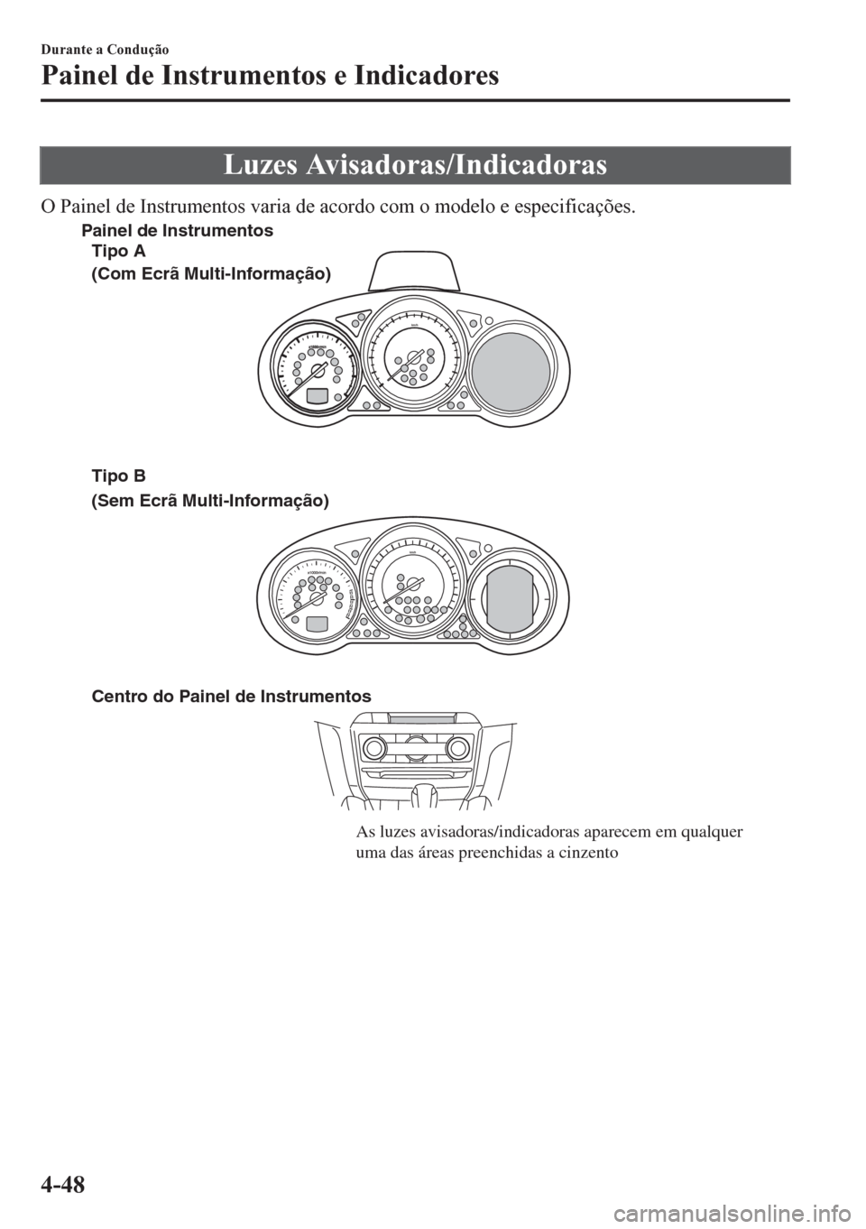 MAZDA MODEL 6 2016  Manual do proprietário (in Portuguese) Luzes Avisadoras/Indicadoras
O Painel de Instrumentos varia de acordo com o modelo e especificações.
Centro do Painel de Instrumentos
As luzes avisadoras/indicadoras aparecem em qualquer 
uma das á