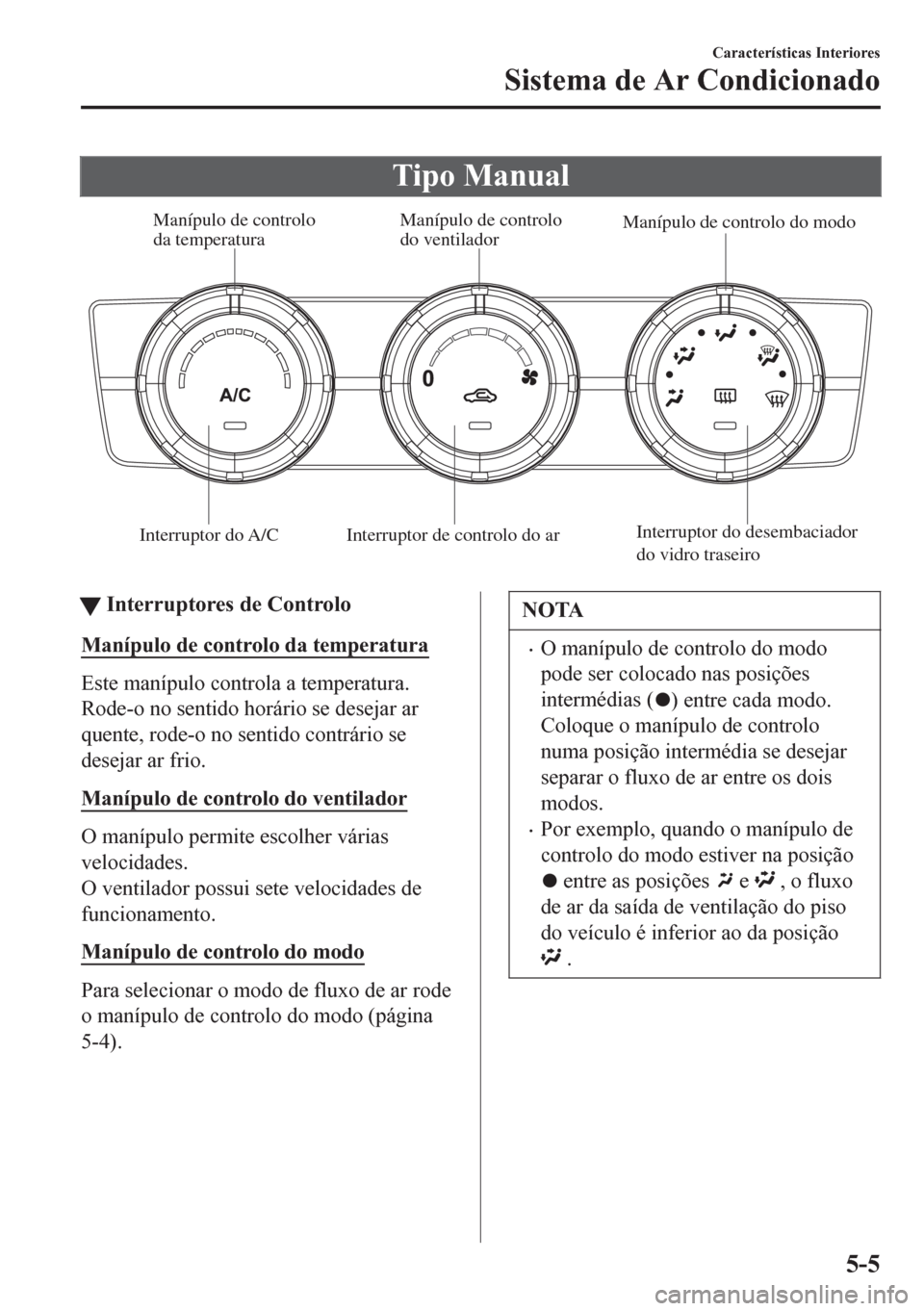 MAZDA MODEL 6 2016  Manual do proprietário (in Portuguese) Tipo Manual
Interruptor do A/C Interruptor de controlo do arInterruptor do desembaciador 
do vidro traseiro Manípulo de controlo 
da temperatura Manípulo de controlo 
do ventiladorManípulo de contr