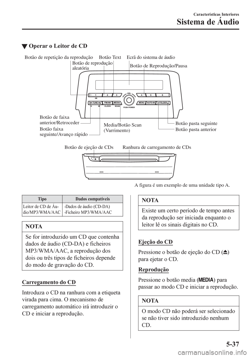 MAZDA MODEL 6 2016 Manual do proprietário (in Portuguese) tOperar o Leitor de CD
Botão de ejeção de CDs Ranhura de carregamento de CDs Botão de faixa
anterior/Retroceder
Botão faixa
seguinte/Avanço rápido
A figura é um exemplo de uma unidade tipo A MAZDA MODEL 6 2016 Manual do proprietário (in Portuguese) tOperar o Leitor de CD
Botão de ejeção de CDs Ranhura de carregamento de CDs Botão de faixa
anterior/Retroceder
Botão faixa
seguinte/Avanço rápido
A figura é um exemplo de uma unidade tipo A