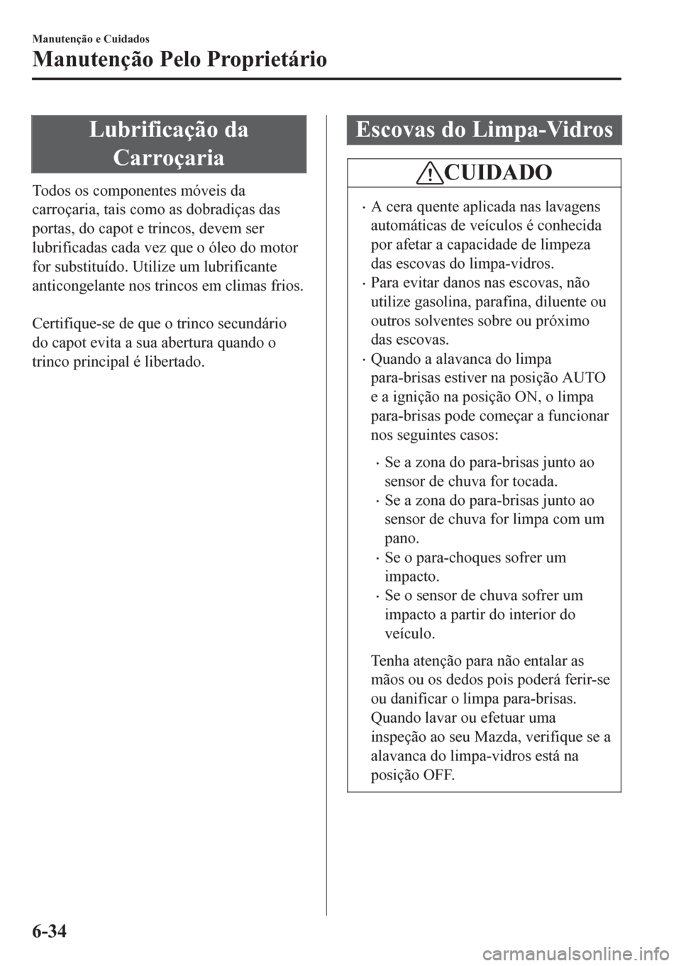 MAZDA MODEL 6 2016  Manual do proprietário (in Portuguese) Lubrificação da
Carroçaria
Todos os componentes móveis da
carroçaria, tais como as dobradiças das
portas, do capot e trincos, devem ser
lubrificadas cada vez que o óleo do motor
for substituíd