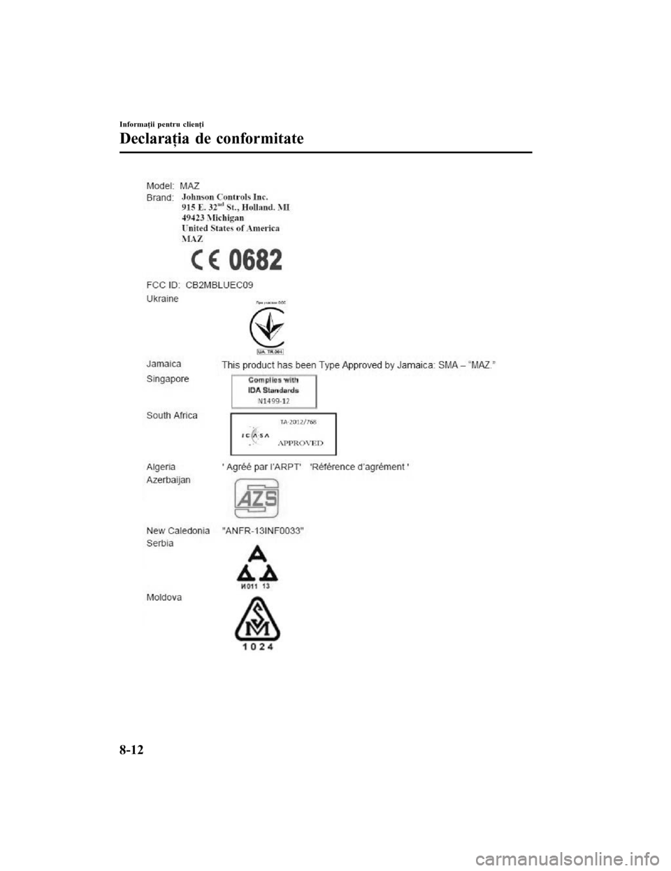 MAZDA MODEL 6 2016  Manualul de utilizare (in Romanian) Informaţii pentru clienţi
Declaraţia de conformitate
8-12
Mazda6 8FK7-EE-16F-RO+L_Edition1.pdf 