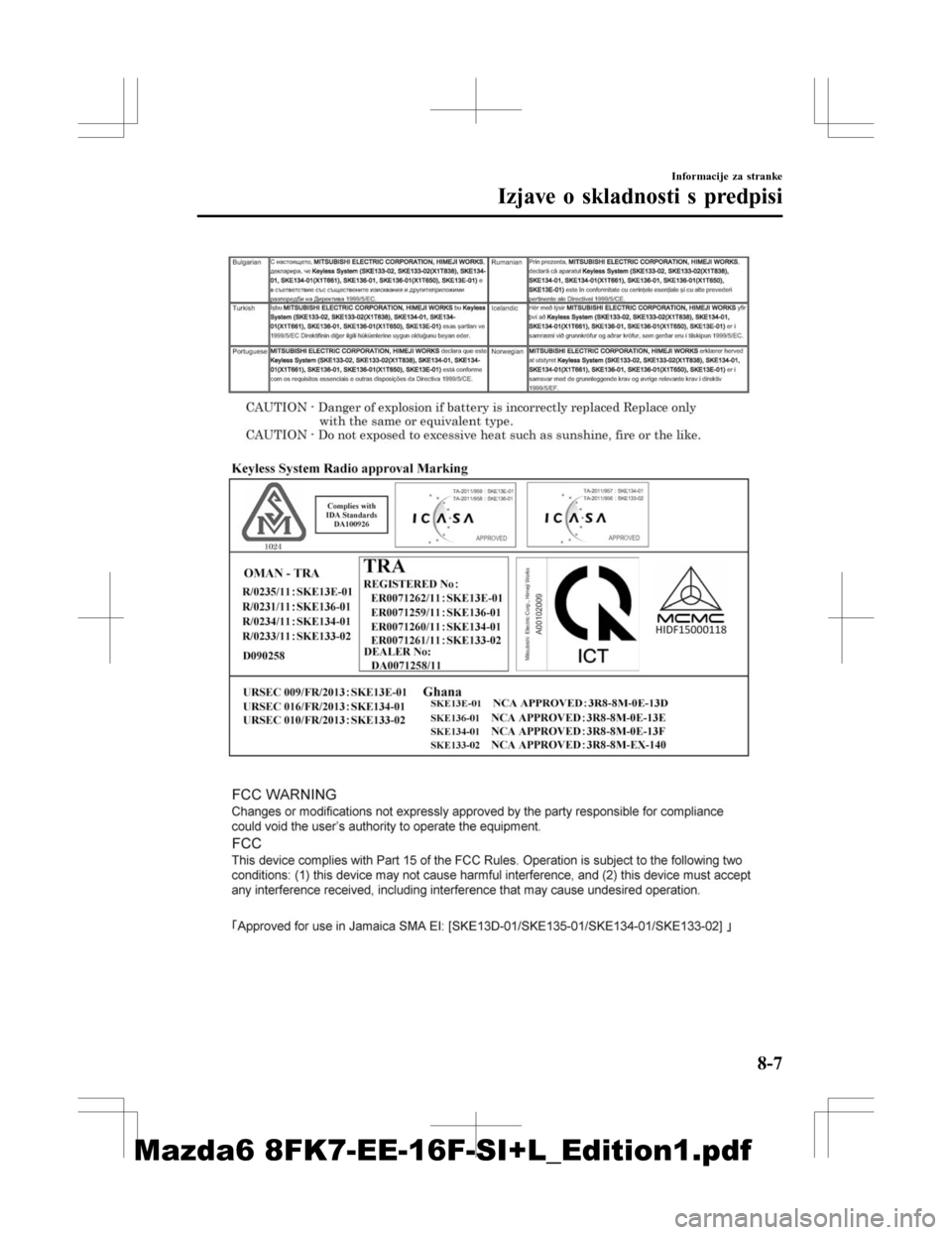 MAZDA MODEL 6 2016  Priročnik za lastnika (in Slovenian) Informacije za stranke
Izjave o skladnosti s predpisi
8-7
Mazda6 8FK7-EE-16F-SI+L_Edition1.pdf 