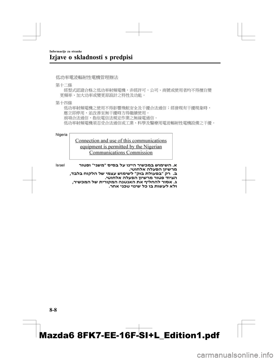 MAZDA MODEL 6 2016  Priročnik za lastnika (in Slovenian) Informacije za stranke
Izjave o skladnosti s predpisi
8-8
Mazda6 8FK7-EE-16F-SI+L_Edition1.pdf 