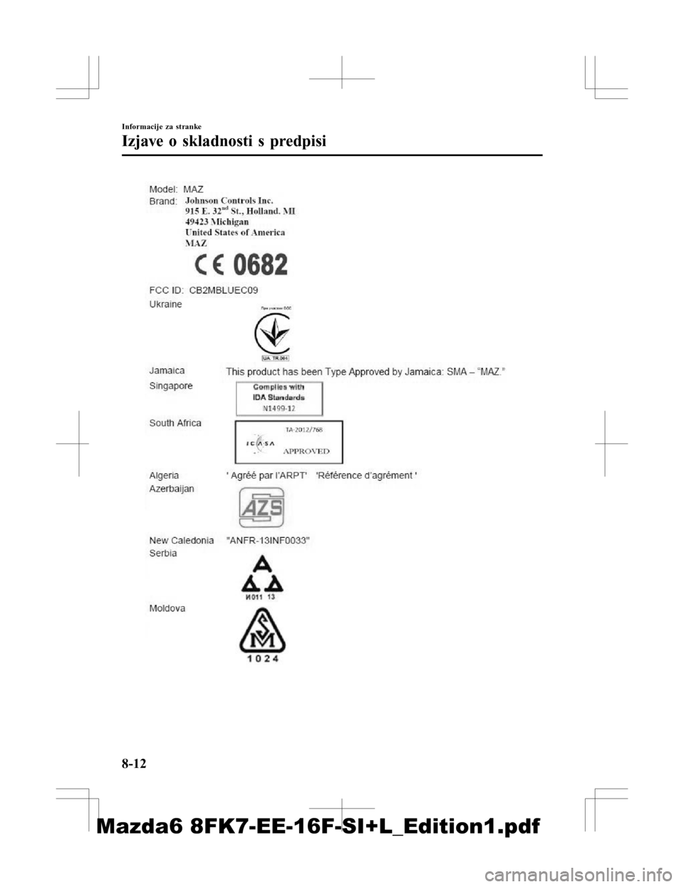 MAZDA MODEL 6 2016  Priročnik za lastnika (in Slovenian) Informacije za stranke
Izjave o skladnosti s predpisi
8-12
Mazda6 8FK7-EE-16F-SI+L_Edition1.pdf 