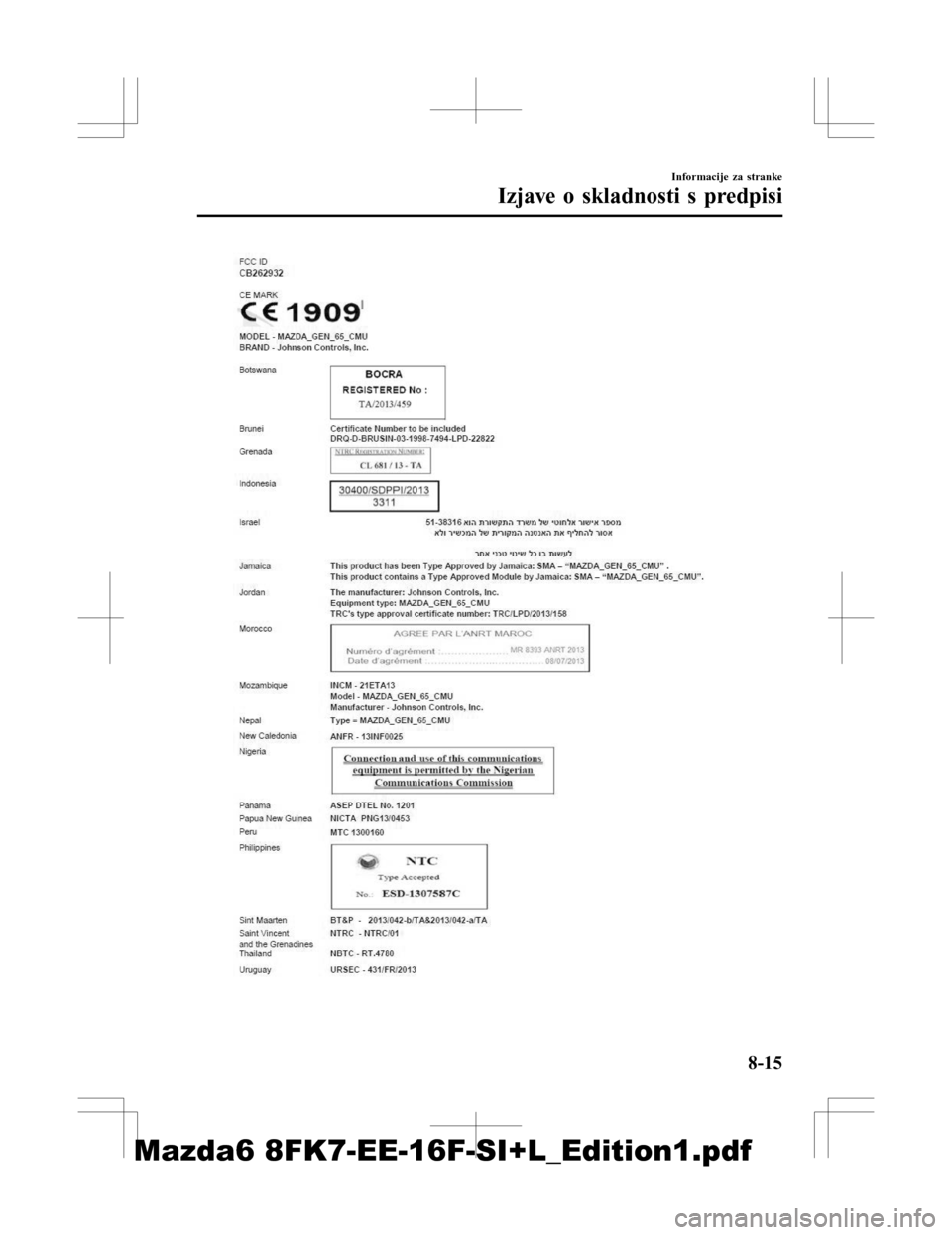 MAZDA MODEL 6 2016  Priročnik za lastnika (in Slovenian) Informacije za stranke
Izjave o skladnosti s predpisi
8-15
Mazda6 8FK7-EE-16F-SI+L_Edition1.pdf 