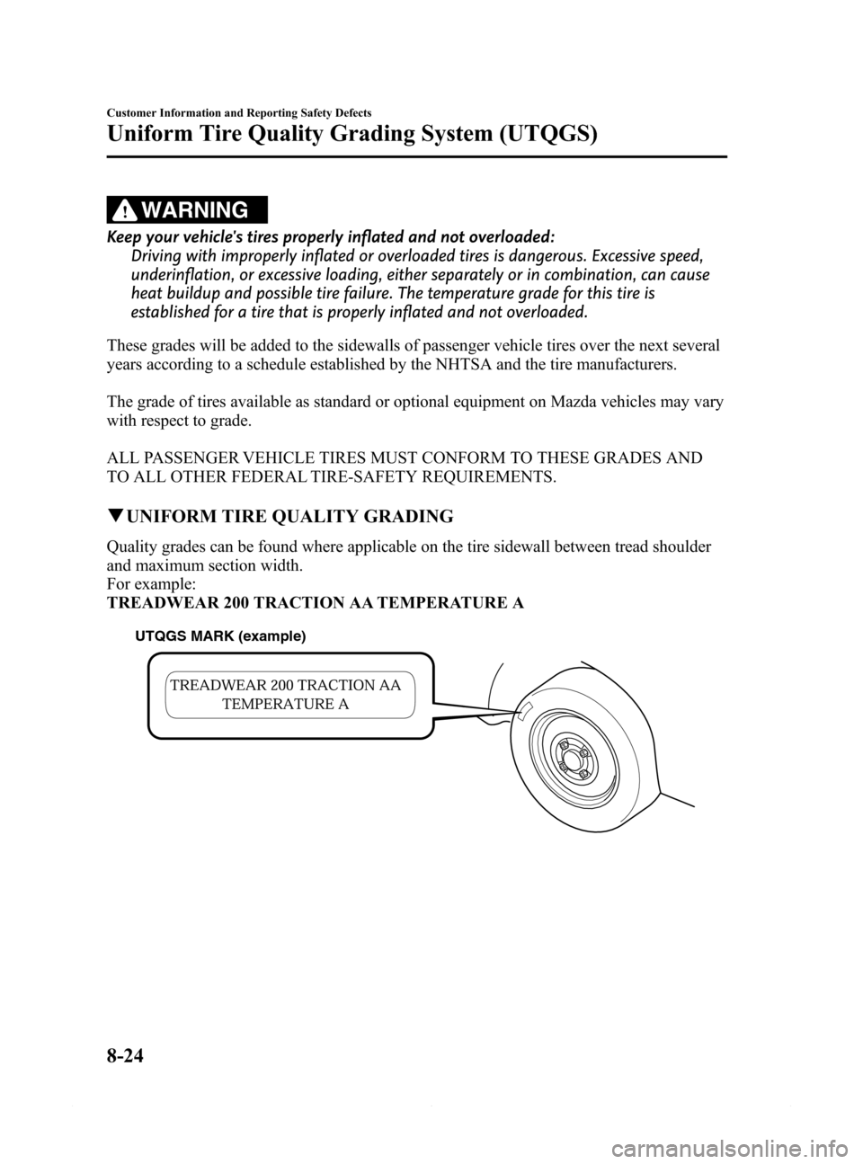 MAZDA MODEL 6 2015 Owners Manual (in English) Black plate (526,1)
WARNING
Keep your vehicles tires properly inflated and not overloaded:
Driving with improperly inflated or overloaded tires is dangerous. Excessive speed,
underinflation, or exces MAZDA MODEL 6 2015 Owners Manual (in English) Black plate (526,1)
WARNING
Keep your vehicles tires properly inflated and not overloaded:
Driving with improperly inflated or overloaded tires is dangerous. Excessive speed,
underinflation, or exces