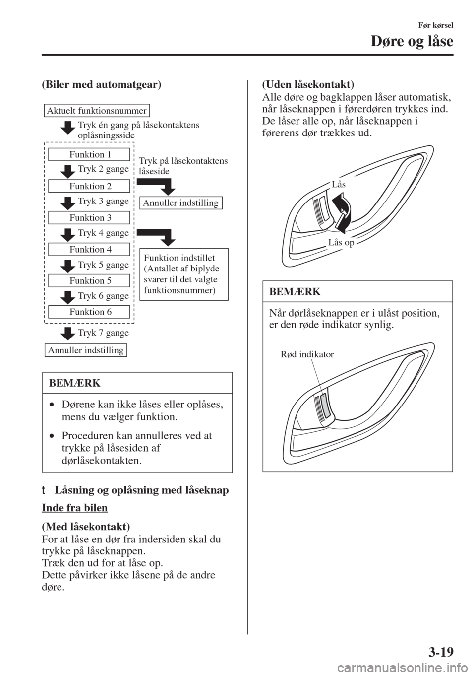 MAZDA MODEL 6 2015 Instruktionsbog (in Danish) 3-19
Før kørsel
Døre og låse
(Biler med automatgear)
tLåsning og oplåsning med låseknap
Inde fra bilen
(Med låsekontakt)
For at låse en dør fra indersiden skal du
trykke på låseknappen.
MAZDA MODEL 6 2015 Instruktionsbog (in Danish) 3-19
Før kørsel
Døre og låse
(Biler med automatgear)
tLåsning og oplåsning med låseknap
Inde fra bilen
(Med låsekontakt)
For at låse en dør fra indersiden skal du
trykke på låseknappen.