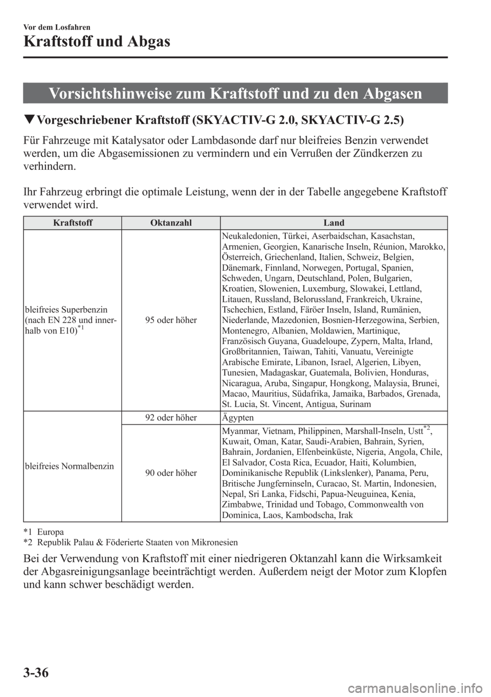 MAZDA MODEL 6 2015  Betriebsanleitung (in German) Vorsichtshinweise zum Kraftstoff und zu den Abgasen
qVorgeschriebener Kraftstoff (SKYACTIV-G 2.0, SKYACTIV-G 2.5)
Für Fahrzeuge mit Katalysator oder Lambdasonde darf nur bleifreies Benzin verwendet
w
