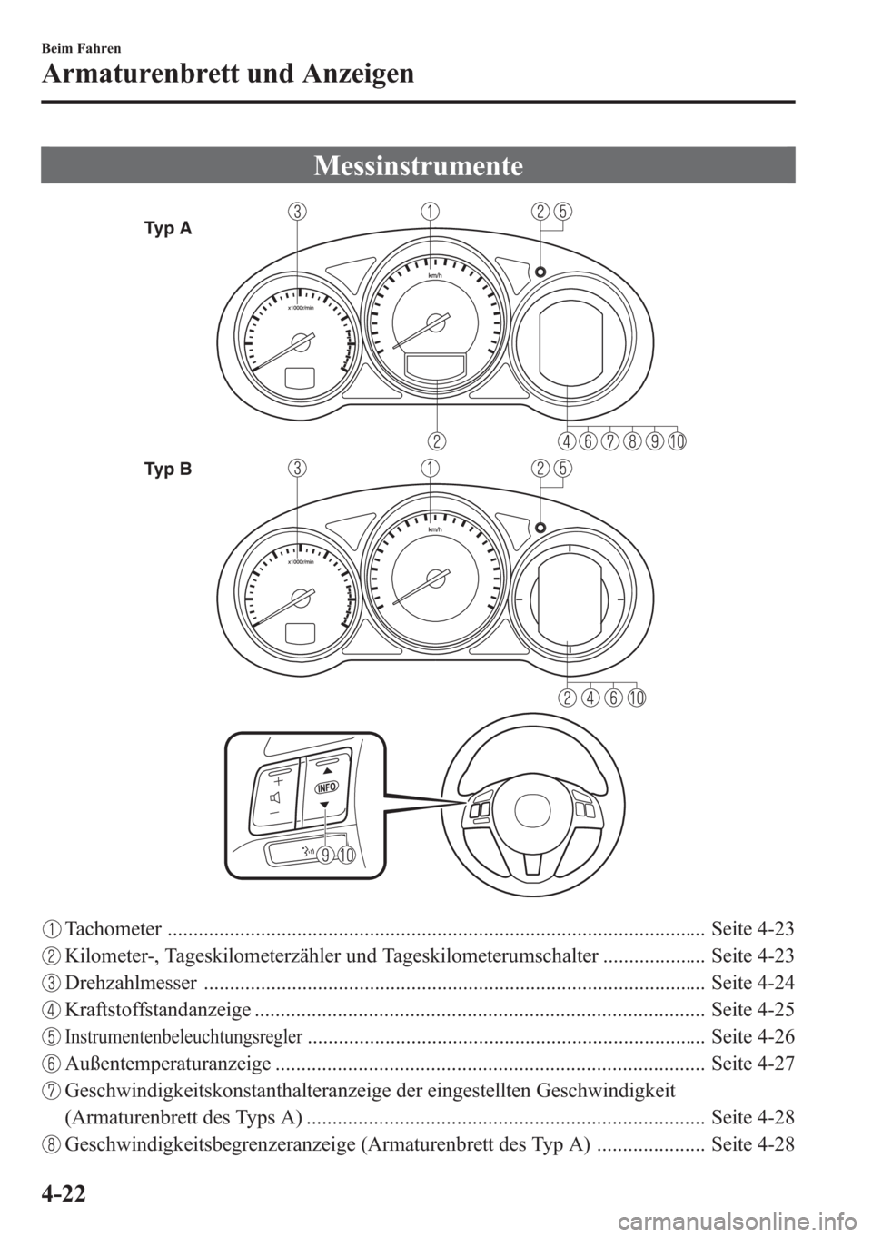 MAZDA MODEL 6 2015  Betriebsanleitung (in German) Messinstrumente
Typ A
Typ B
Tachometer ........................................................................................................ Seite 4-23
Kilometer-, Tageskilometerzähler und Tageski