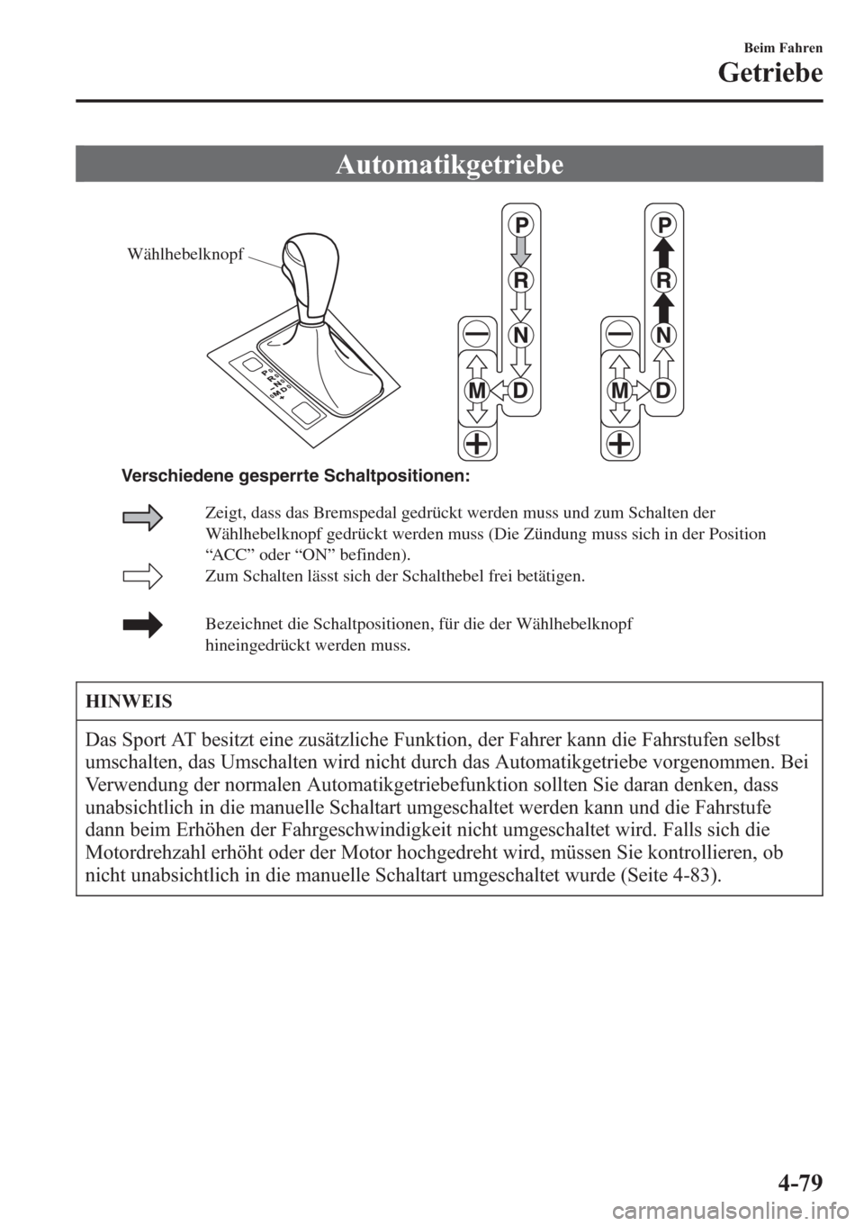 MAZDA MODEL 6 2015  Betriebsanleitung (in German) Automatikgetriebe
Wählhebelknopf
Zum Schalten lässt sich der Schalthebel frei betätigen.
Bezeichnet die Schaltpositionen, für die der Wählhebelknopf 
hinein
gedrückt werden muss. Zeigt, dass das