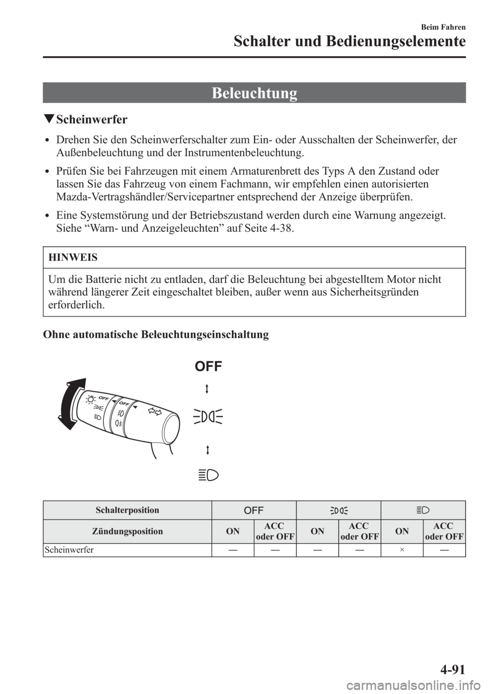 MAZDA MODEL 6 2015  Betriebsanleitung (in German) Beleuchtung
qScheinwerfer
lDrehen Sie den Scheinwerferschalter zum Ein- oder Ausschalten der Scheinwerfer, der
Außenbeleuchtung und der Instrumentenbeleuchtung.
lPrüfen Sie bei Fahrzeugen mit einem 