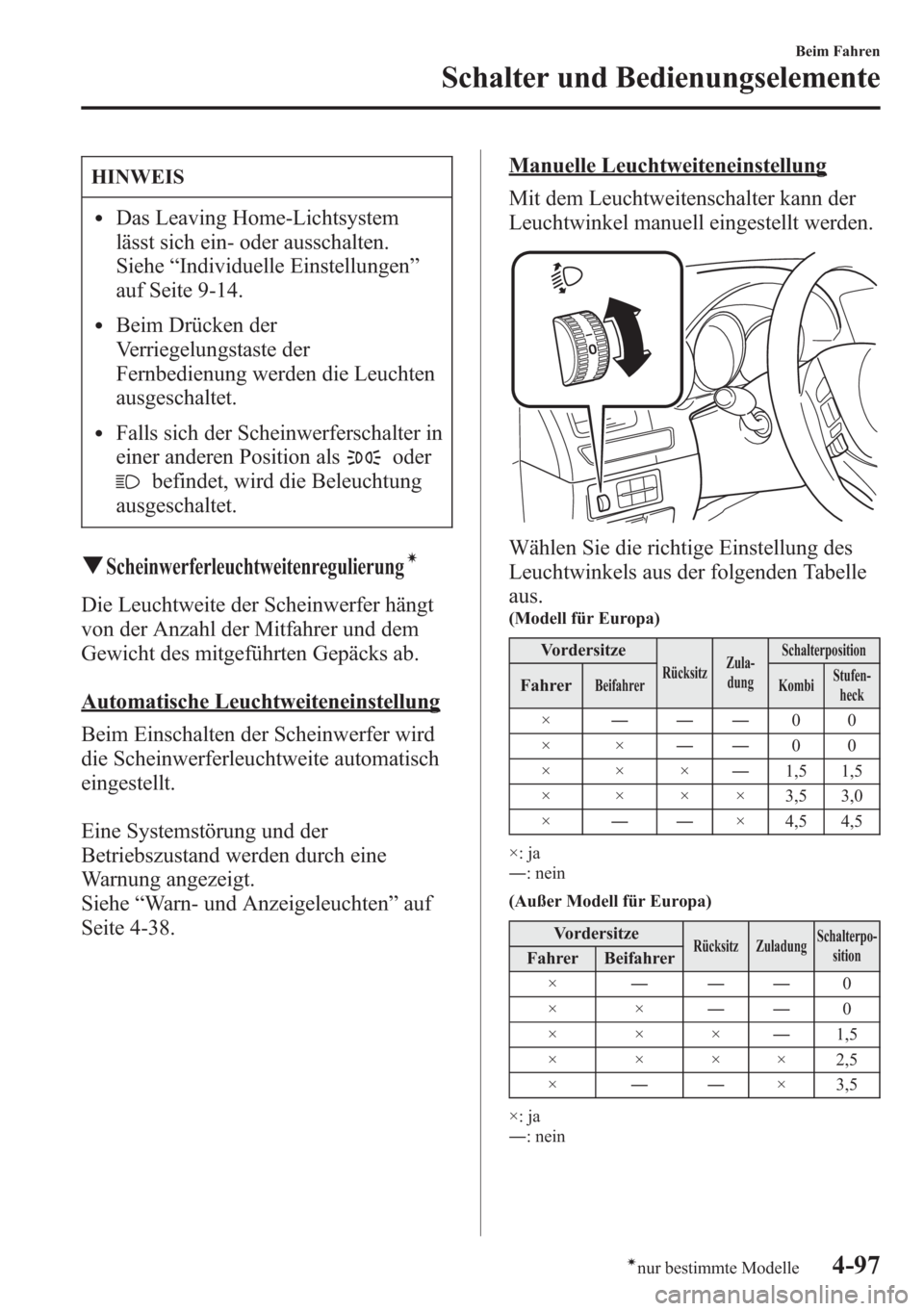 MAZDA MODEL 6 2015  Betriebsanleitung (in German) HINWEIS
lDas Leaving Home-Lichtsystem
lässt sich ein- oder ausschalten.
Siehe“Individuelle Einstellungen”
auf Seite 9-14.
lBeim Drücken der
Verriegelungstaste der
Fernbedienung werden die Leucht