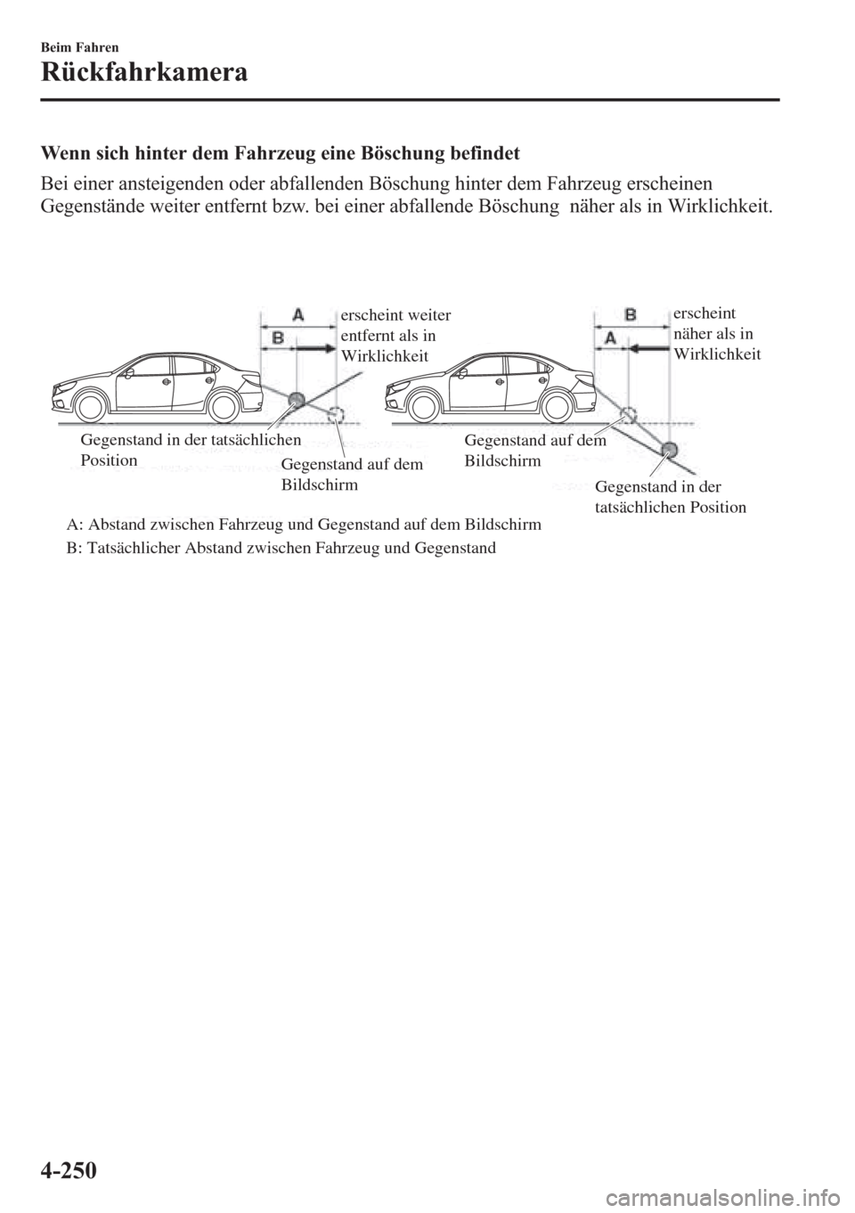 MAZDA MODEL 6 2015  Betriebsanleitung (in German) Wenn sich hinter dem Fahrzeug eine Böschung befindet
Bei einer ansteigenden oder abfallenden Böschung hinter dem Fahrzeug erscheinen
Gegenstände weiter entfernt bzw. bei einer abfallende Böschung 