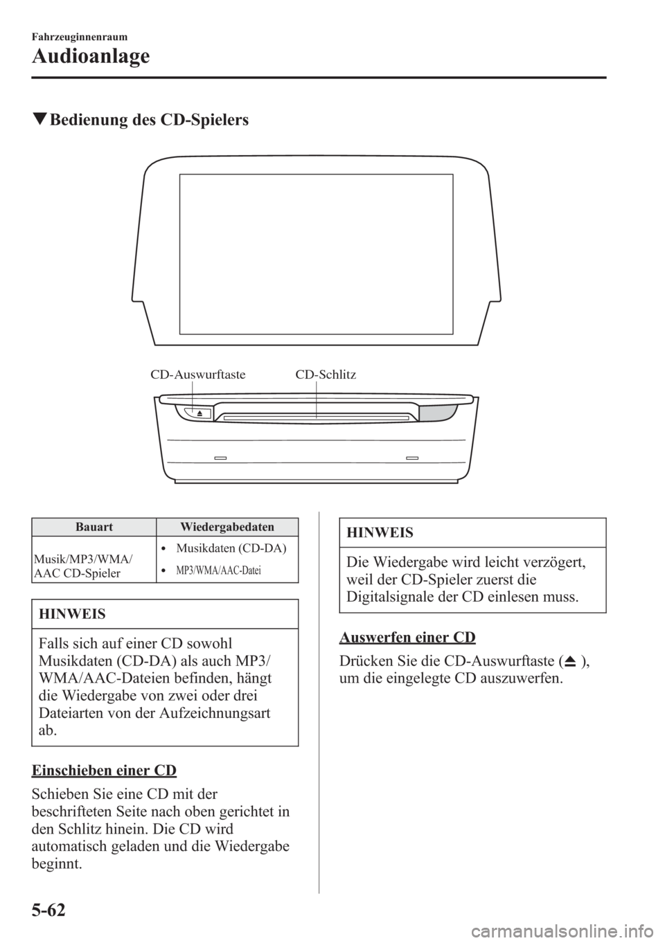 MAZDA MODEL 6 2015  Betriebsanleitung (in German) qBedienung des CD-Spielers
CD-Schlitz CD-Auswurftaste
Bauart Wiedergabedaten
Musik/MP3/WMA/
AAC CD-Spieler
lMusikdaten (CD-DA)
lMP3/WMA/AAC-Datei
HINWEIS
Falls sich auf einer CD sowohl
Musikdaten (CD-