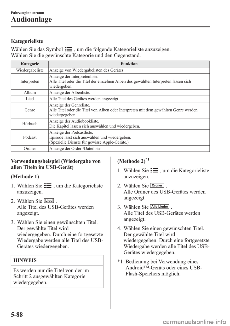MAZDA MODEL 6 2015  Betriebsanleitung (in German) Kategorieliste
Wählen Sie das Symbol
, um die folgende Kategorieliste anzuzeigen.
Wählen Sie die gewünschte Kategorie und den Gegenstand.
Kategorie Funktion
Wiedergabeliste Anzeige von Wiedergabeli