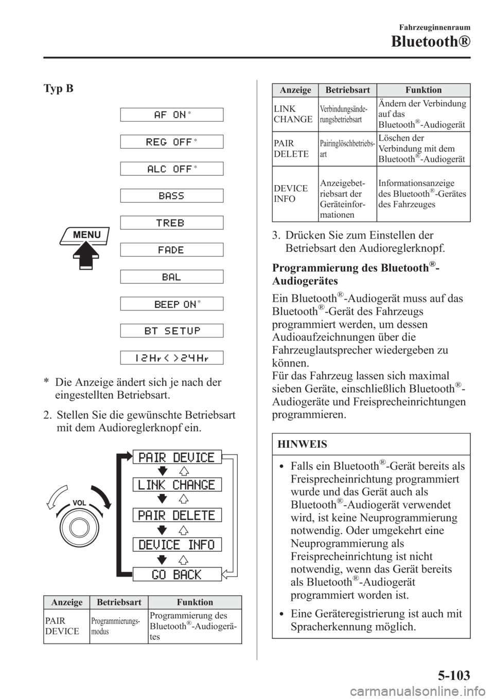 MAZDA MODEL 6 2015  Betriebsanleitung (in German) Ty p B
* * *
*
* Die Anzeige ändert sich je nach der
eingestellten Betriebsart.
2. Stellen Sie die gewünschte Betriebsart
mit dem Audioreglerknopf ein.
Anzeige Betriebsart Funktion
PAIR
DEVICE
Progr