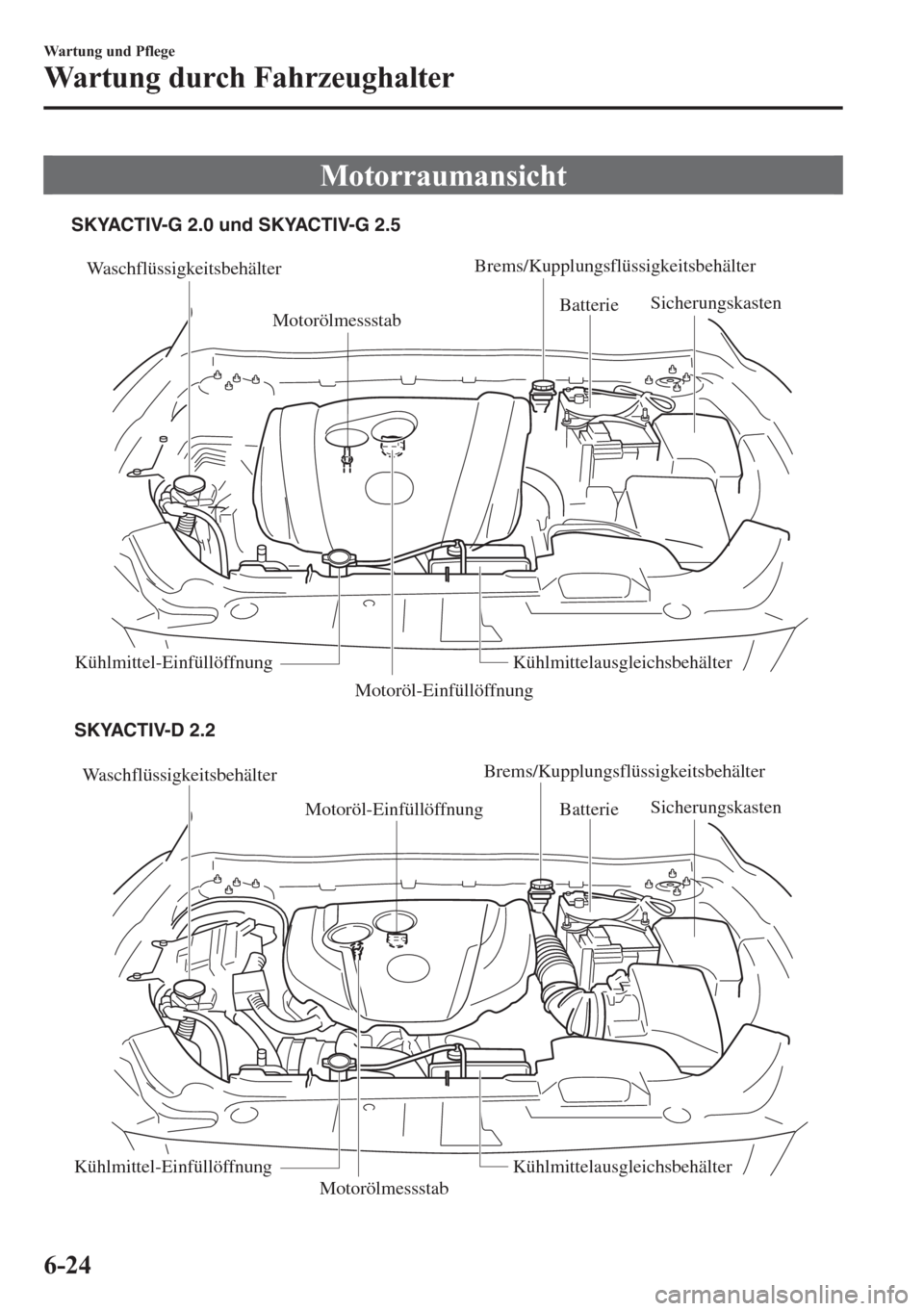 MAZDA MODEL 6 2015  Betriebsanleitung (in German) Motorraumansicht
Waschflüssigkeitsbehälter
Motoröl-Einfüllöffnung
MotorölmessstabBatterie Sicherungskasten
Kühlmittel-Einfüllöffnung Kühlmittelausgleichsbehälter
Waschflüssigkeitsbehälter