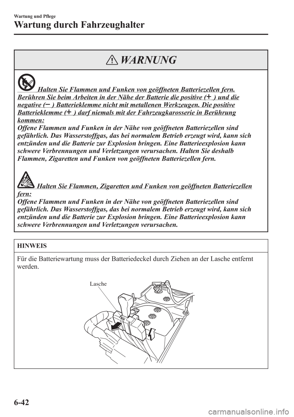MAZDA MODEL 6 2015  Betriebsanleitung (in German) WARNUNG
Halten Sie Flammen und Funken von geöffneten Batteriezellen fern.
Berühren Sie beim Arbeiten in der Nähe der Batterie die positive () und die
negative () Batterieklemme nicht mit metallenen