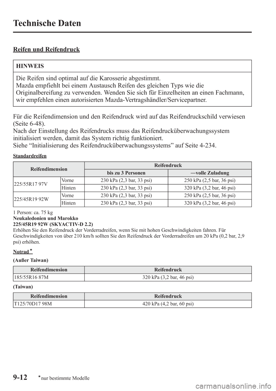 MAZDA MODEL 6 2015  Betriebsanleitung (in German) Reifen und Reifendruck
HINWEIS
Die Reifen sind optimal auf die Karosserie abgestimmt.
Mazda empfiehlt bei einem Austausch Reifen des gleichen Typs wie die
Originalbereifung zu verwenden. Wenden Sie si
