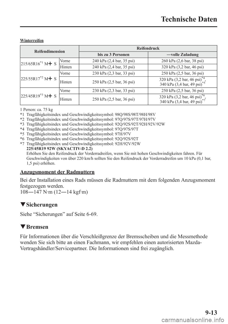 MAZDA MODEL 6 2015  Betriebsanleitung (in German) Winterreifen
ReifendimensionReifendruck
bis zu 3 Personen―volle Zuladung
215/65R16
*1MSVorne 240 kPa (2,4 bar, 35 psi) 260 kPa (2,6 bar, 38 psi)
Hinten 240 kPa (2,4 bar, 35 psi) 320 kPa (3,2 bar, 46