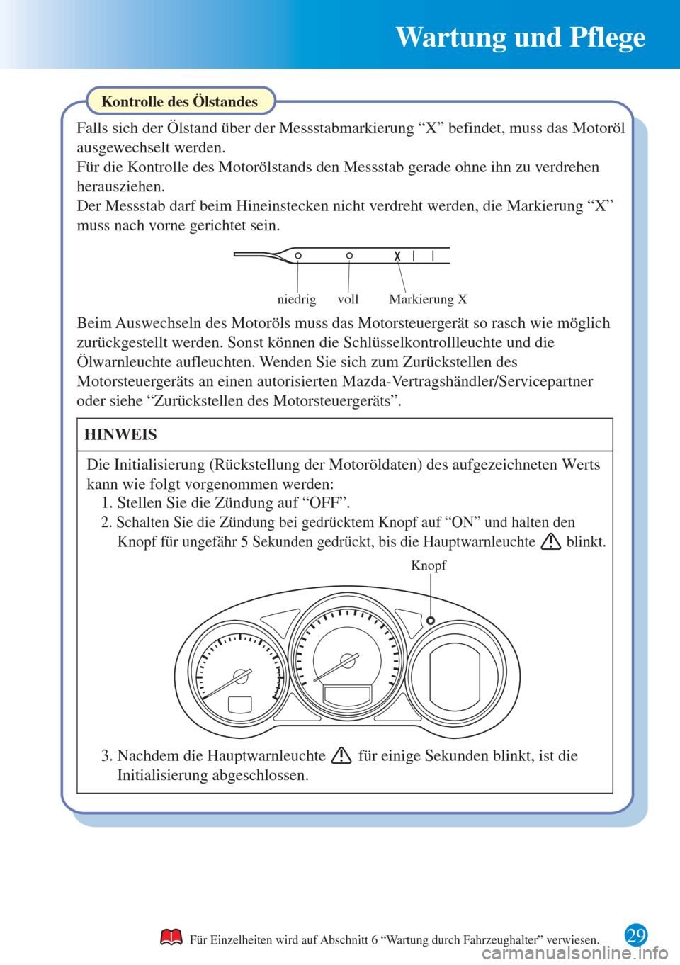 MAZDA MODEL 6 2015 Kurzanleitung (in German) 29
Wartung und Pflege
Markierung X voll niedrig
Knopf
Kontrolle des Ölstandes
Falls sich der Ölstand über der Messstabmarkierung “X” befindet, muss das Motoröl
ausgewechselt werden.
Für Ei MAZDA MODEL 6 2015 Kurzanleitung (in German) 29
Wartung und Pflege
Markierung X voll niedrig
Knopf
Kontrolle des Ölstandes
Falls sich der Ölstand über der Messstabmarkierung “X” befindet, muss das Motoröl
ausgewechselt werden.
Für Ei