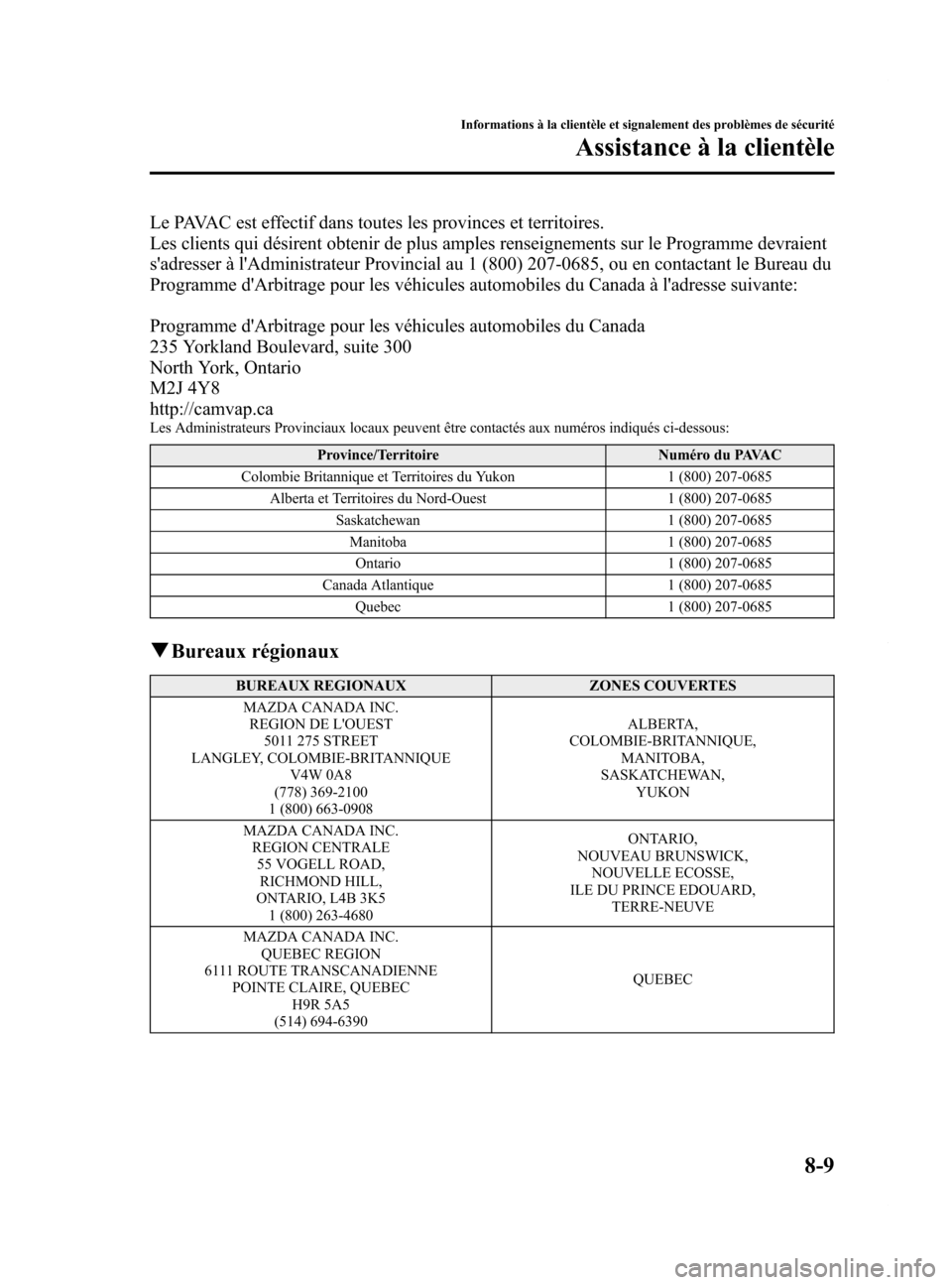 MAZDA MODEL 6 2015 Manuel du propriétaire (in French) Black plate (555,1)
Le PAVAC est effectif dans toutes les provinces et territoires.
Les clients qui désirent obtenir de plus amples renseignements sur le Programme devraient
sadresser à lAdministr MAZDA MODEL 6 2015 Manuel du propriétaire (in French) Black plate (555,1)
Le PAVAC est effectif dans toutes les provinces et territoires.
Les clients qui désirent obtenir de plus amples renseignements sur le Programme devraient
sadresser à lAdministr