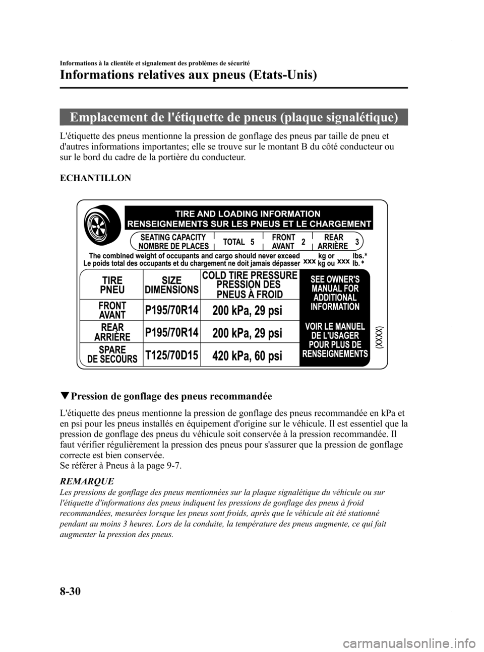 MAZDA MODEL 6 2015 Manuel du propriétaire (in French) Black plate (576,1)
Emplacement de létiquette de pneus (plaque signalétique)
Létiquette des pneus mentionne la pression de gonflage des pneus par taille de pneu et
dautres informations important MAZDA MODEL 6 2015 Manuel du propriétaire (in French) Black plate (576,1)
Emplacement de létiquette de pneus (plaque signalétique)
Létiquette des pneus mentionne la pression de gonflage des pneus par taille de pneu et
dautres informations important