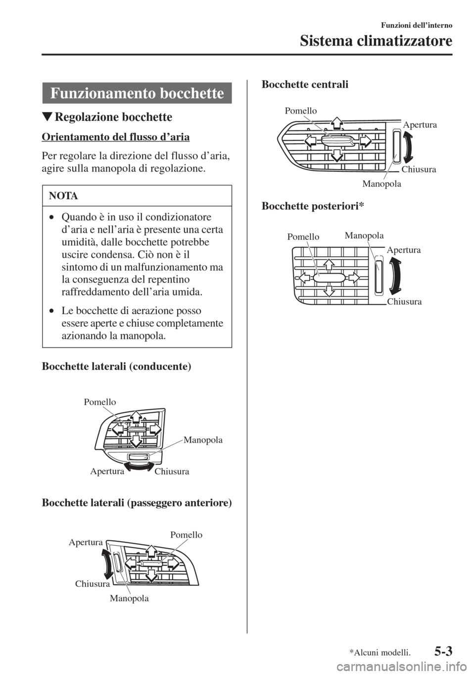 MAZDA MODEL 6 2015  Manuale del proprietario (in Italian)  5-3
Funzioni dell’interno
Sistema climatizzatore
�WRegolazione bocchette
Orientamento del flusso d
Per regolare la direzione del flusso d’aria, 
agire sulla manopola di regolazione.
Bocchette late