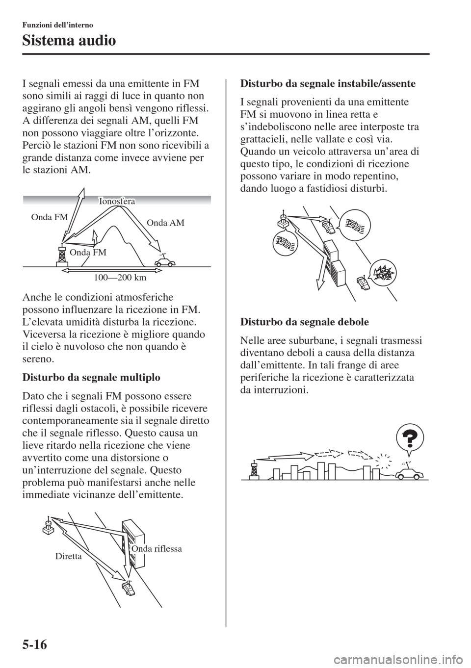 MAZDA MODEL 6 2015  Manuale del proprietario (in Italian)  5-16
Funzioni dell’interno
Sistema audio
I segnali emessi da una emittente in FM 
sono simili ai raggi di luce in quanto non 
aggirano gli angoli bensì vengono riflessi. 
A differenza dei segnali A