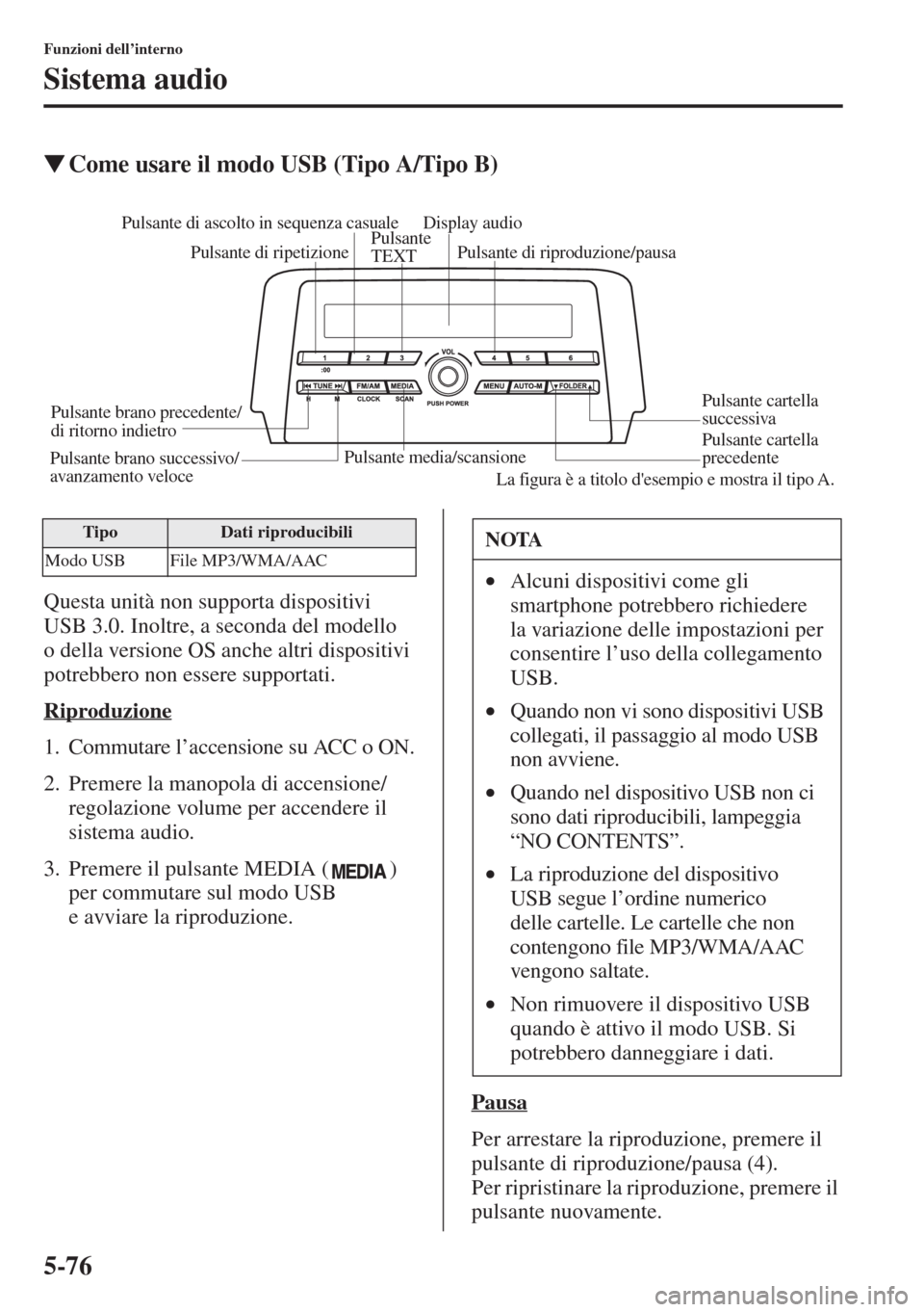 MAZDA MODEL 6 2015  Manuale del proprietario (in Italian)  5-76
Funzioni dell’interno
Sistema audio
�WCome usare il modo USB (Tipo A/Tipo B)
Questa unità non supporta dispositivi 
USB 3.0. Inoltre, a seconda del modello 
o della versione OS anche altri dis