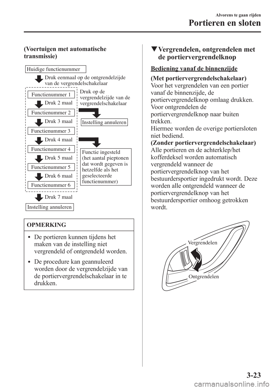 MAZDA MODEL 6 2015 Handleiding (in Dutch) (Voertuigen met automatische
transmissie)
Druk eenmaal op de ontgrendelzijde
van de vergrendelschakelaar
Druk 2 maal
Druk 3 maal Huidige functienummer
Functienummer 1
Functienummer 2
Druk 4 maal Func MAZDA MODEL 6 2015 Handleiding (in Dutch) (Voertuigen met automatische
transmissie)
Druk eenmaal op de ontgrendelzijde
van de vergrendelschakelaar
Druk 2 maal
Druk 3 maal Huidige functienummer
Functienummer 1
Functienummer 2
Druk 4 maal Func
