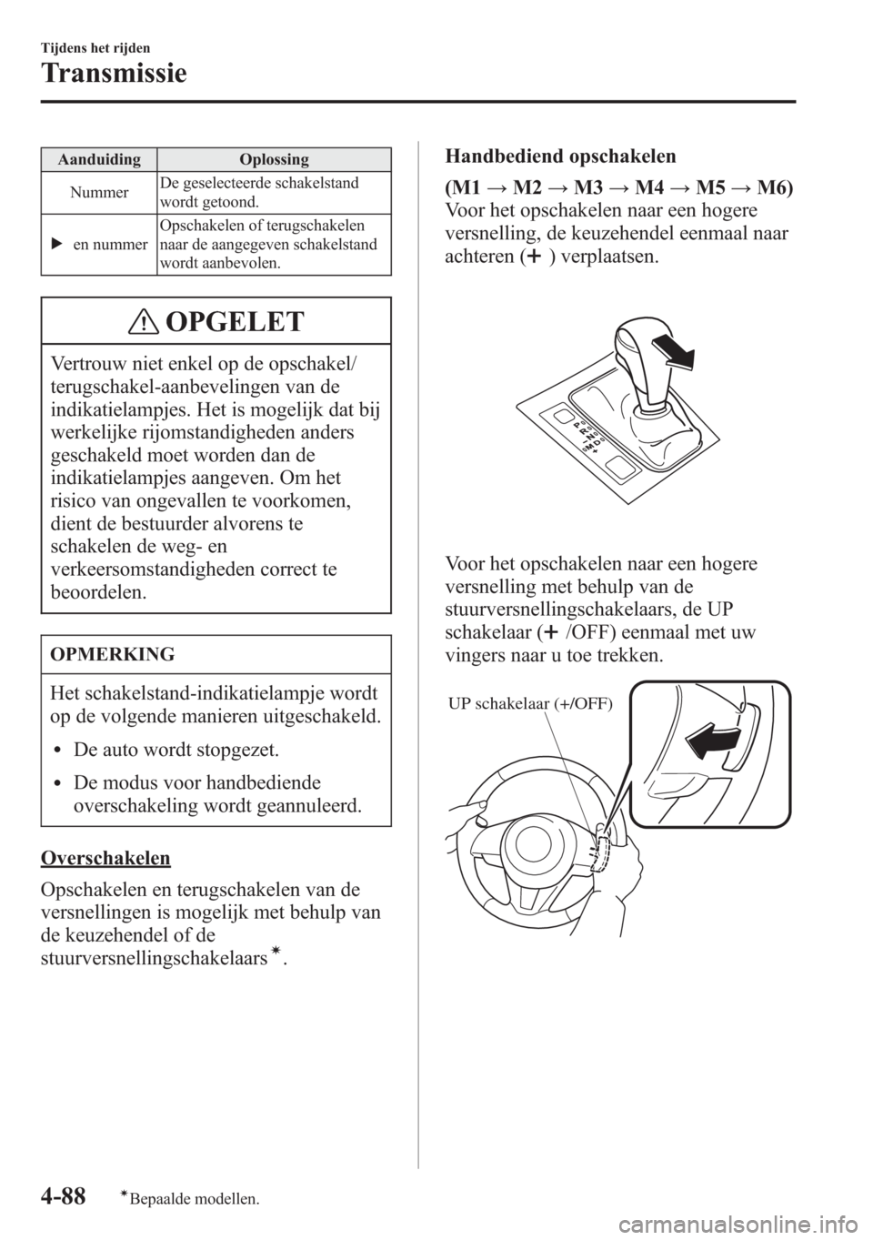 MAZDA MODEL 6 2015 Handleiding (in Dutch) Aanduiding Oplossing
NummerDe geselecteerde schakelstand
wordt getoond.
en nummerOpschakelen of terugschakelen
naar de aangegeven schakelstand
wordt aanbevolen.
OPGELET
Vertrouw niet enkel op de opsch MAZDA MODEL 6 2015 Handleiding (in Dutch) Aanduiding Oplossing
NummerDe geselecteerde schakelstand
wordt getoond.
en nummerOpschakelen of terugschakelen
naar de aangegeven schakelstand
wordt aanbevolen.
OPGELET
Vertrouw niet enkel op de opsch