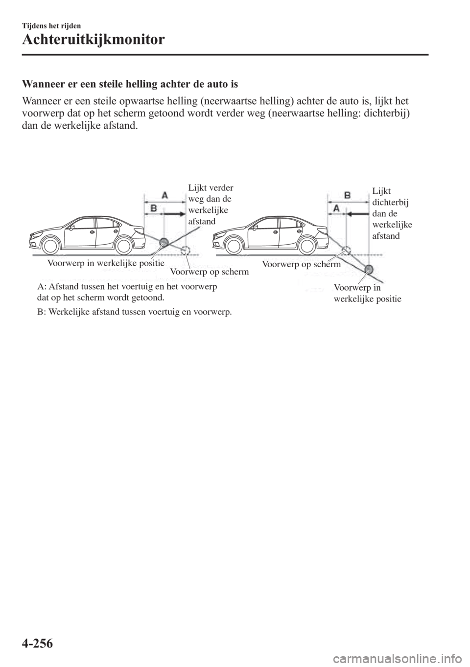 MAZDA MODEL 6 2015  Handleiding (in Dutch) Wanneer er een steile helling achter de auto is
Wanneer er een steile opwaartse helling (neerwaartse helling) achter de auto is, lijkt het
voorwerp dat op het scherm getoond wordt verder weg (neerwaar