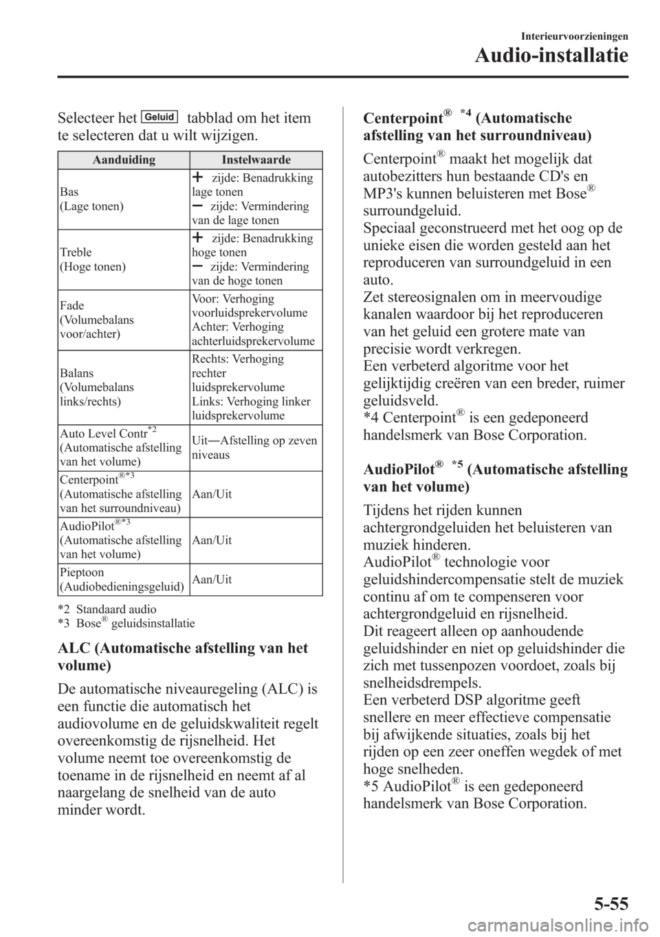 MAZDA MODEL 6 2015  Handleiding (in Dutch) Selecteer hettabblad om het item
te selecteren dat u wilt wijzigen.
Aanduiding Instelwaarde
Bas
(Lage tonen)
zijde: Benadrukking
lage tonen
zijde: Vermindering
van de lage tonen
Treble
(Hoge tonen)
zi