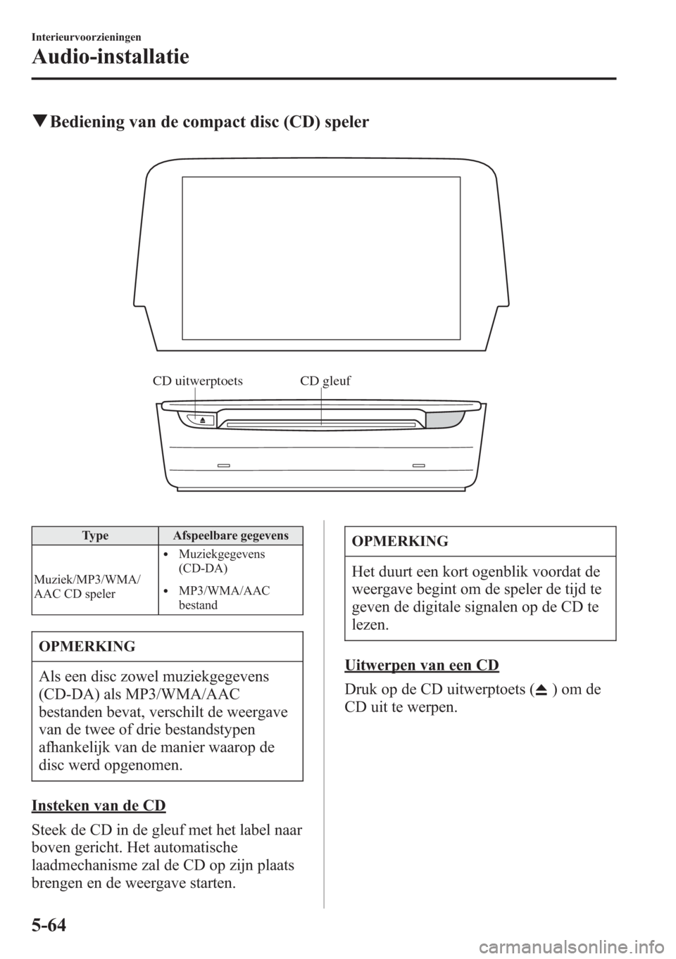 MAZDA MODEL 6 2015  Handleiding (in Dutch) qBediening van de compact disc (CD) speler
CD gleuf CD uitwerptoets
Type Afspeelbare gegevens
Muziek/MP3/WMA/
AAC CD speler
lMuziekgegevens
(CD-DA)
lMP3/WMA/AAC
bestand
OPMERKING
Als een disc zowel mu