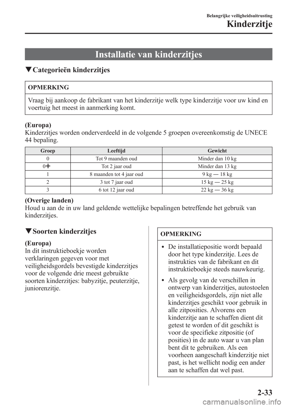 MAZDA MODEL 6 2015 Handleiding (in Dutch) Installatie van kinderzitjes
qCategorieën kinderzitjes
OPMERKING
Vraag bij aankoop de fabrikant van het kinderzitje welk type kinderzitje voor uw kind en
voertuig het meest in aanmerking komt.
(Europ MAZDA MODEL 6 2015 Handleiding (in Dutch) Installatie van kinderzitjes
qCategorieën kinderzitjes
OPMERKING
Vraag bij aankoop de fabrikant van het kinderzitje welk type kinderzitje voor uw kind en
voertuig het meest in aanmerking komt.
(Europ