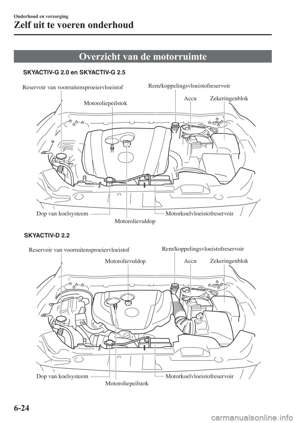 MAZDA MODEL 6 2015  Handleiding (in Dutch) Overzicht van de motorruimte
Reservoir van voorruitensproeiervloeistof
Motorolievuldop
MotoroliepeilstokAccu Zekeringenblok
Dop van koelsysteem Motorkoelvloeistofreservoir
Reservoir van voorruitenspro