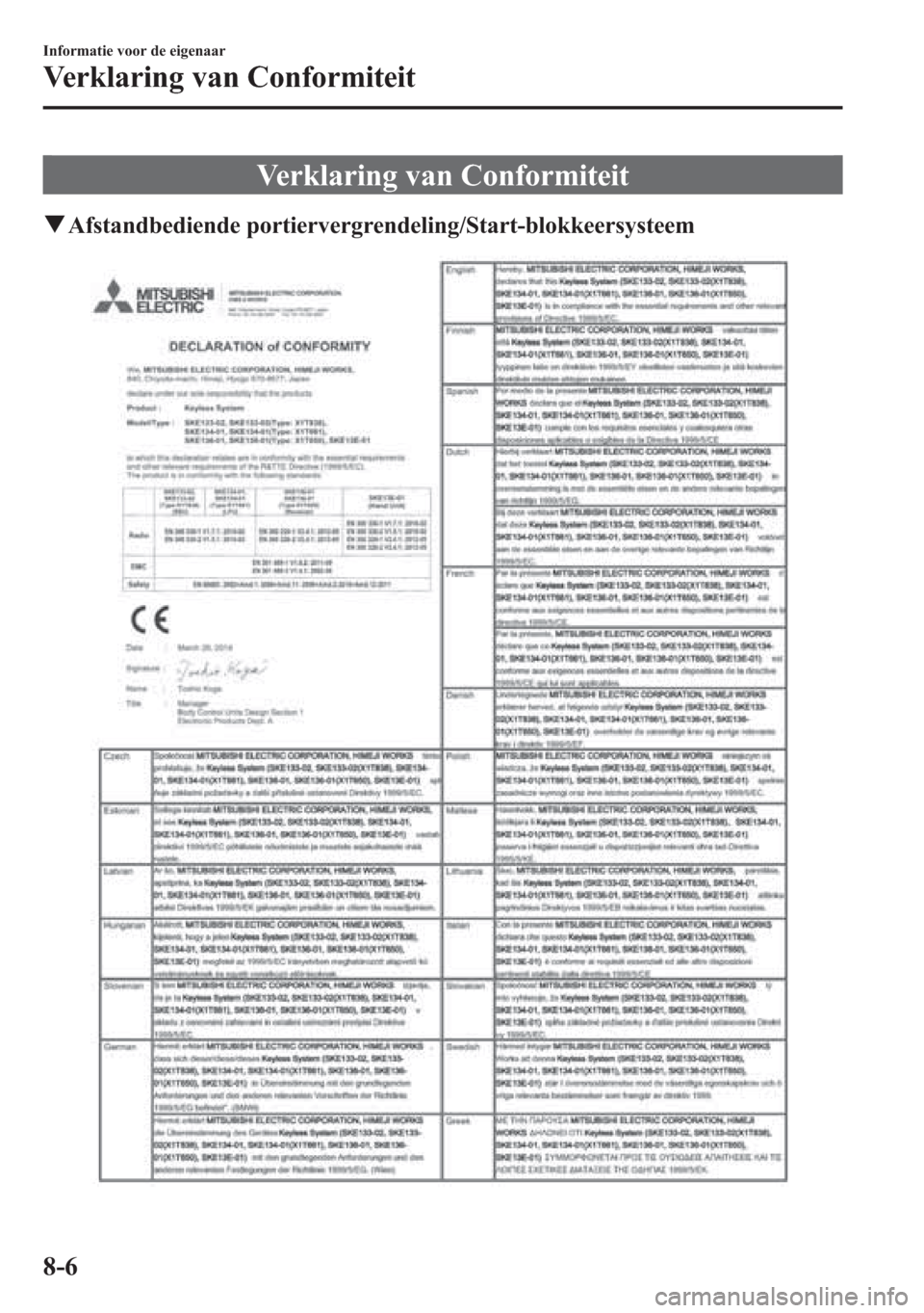 MAZDA MODEL 6 2015  Handleiding (in Dutch) Verklaring van Conformiteit
qAfstandbediende portiervergrendeling/Start-blokkeersysteem
8-6
Informatie voor de eigenaar
Verklaring van Conformiteit 