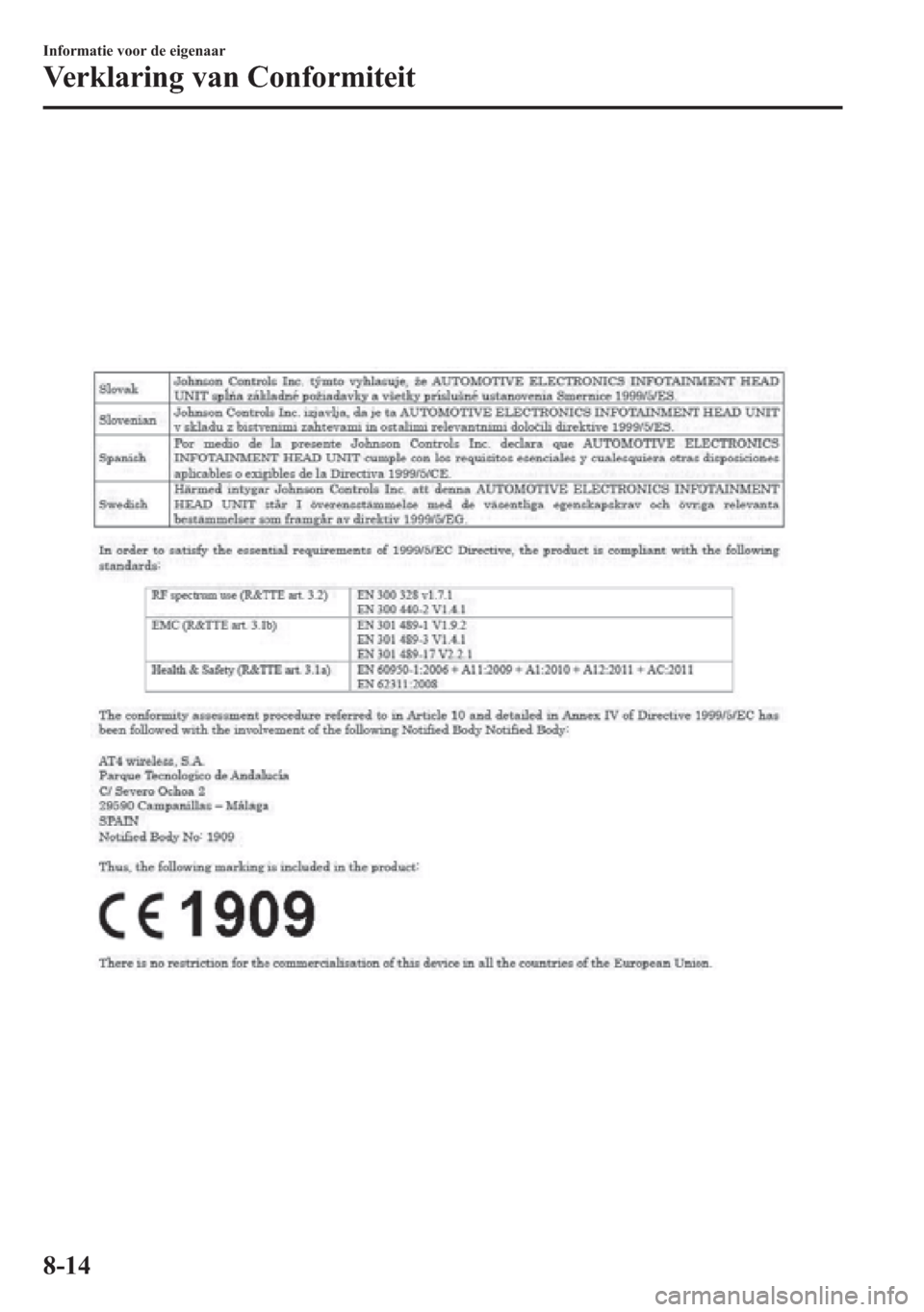 MAZDA MODEL 6 2015  Handleiding (in Dutch) 8-14
Informatie voor de eigenaar
Verklaring van Conformiteit 