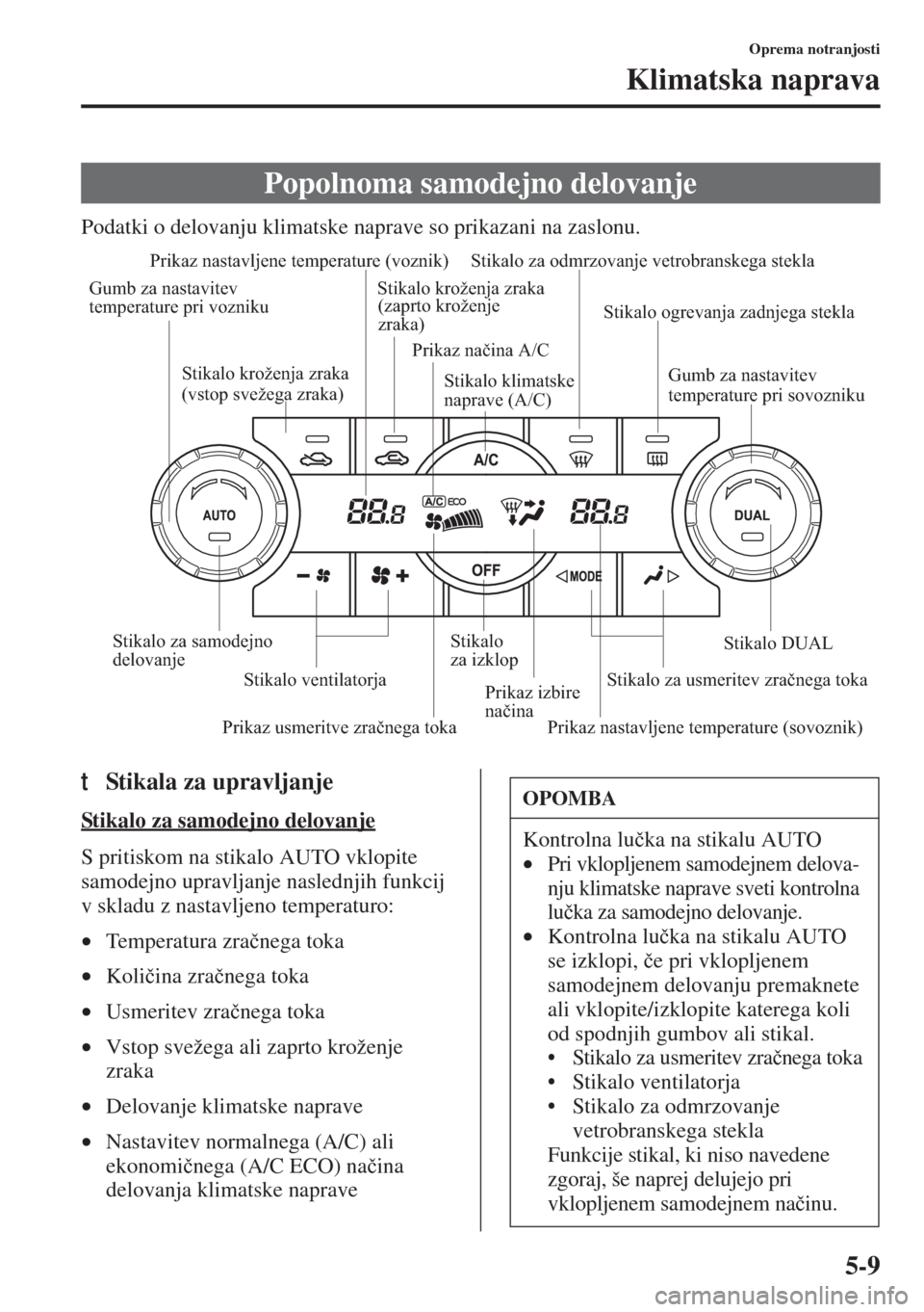 MAZDA MODEL 6 2015 Priročnik za lastnika (in Slovenian) 5-9
Oprema notranjosti
Klimatska naprava
Podatki o delovanju klimatske naprave so prikazani na zaslonu.
tStikala za upravljanje
Stikalo za samodejno delovanje
S pritiskom na stikalo AUTO vklopite
sam MAZDA MODEL 6 2015 Priročnik za lastnika (in Slovenian) 5-9
Oprema notranjosti
Klimatska naprava
Podatki o delovanju klimatske naprave so prikazani na zaslonu.
tStikala za upravljanje
Stikalo za samodejno delovanje
S pritiskom na stikalo AUTO vklopite
sam