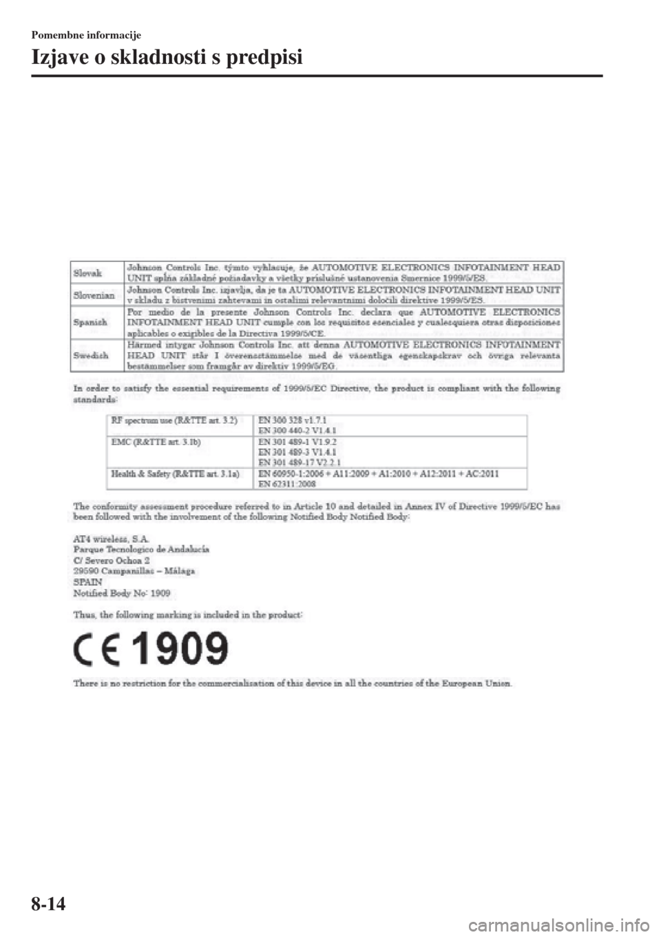 MAZDA MODEL 6 2015  Priročnik za lastnika (in Slovenian)  8-14
Pomembne informacije
Izjave o skladnosti s predpisi 