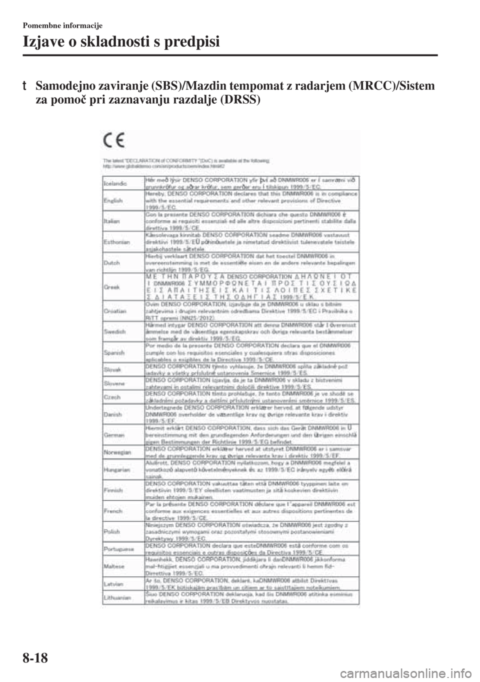 MAZDA MODEL 6 2015  Priročnik za lastnika (in Slovenian)  8-18
Pomembne informacije
Izjave o skladnosti s predpisi
tSamodejno zaviranje (SBS)/Mazdin tempomat z radarjem (MRCC)/Sistem 
za pomo�þ pri zaznavanju razdalje (DRSS) 