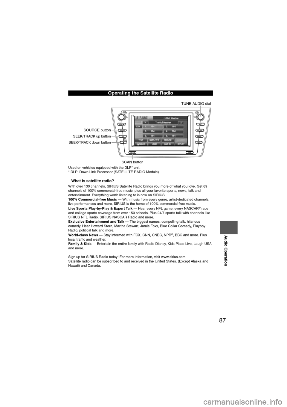 MAZDA MODEL 6 2012  Navigation Manual (in English) 87
Audio Operation
Used on vehicles equipped with the DLP* unit.
* DLP: Down Link Processor (SATELLITE RADIO Module)
nWhat is satellite radio?
With over 130 channels, SIRIUS Satellite Radio brings you