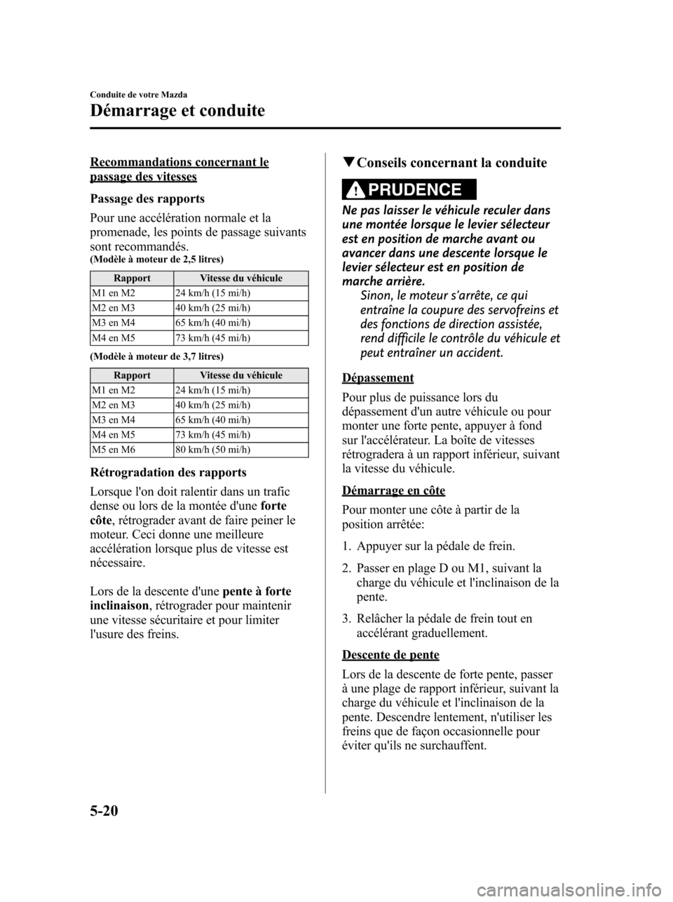 MAZDA MODEL 6 2010 Manuel du propriétaire (in French) Recommandations concernant lepassage des vitesses
Passage des rapports
Pour une accélération normale et la
promenade, les points de passage suivants
sont recommandés.
(Modèle à moteur de 2,5 litr MAZDA MODEL 6 2010 Manuel du propriétaire (in French) Recommandations concernant lepassage des vitesses
Passage des rapports
Pour une accélération normale et la
promenade, les points de passage suivants
sont recommandés.
(Modèle à moteur de 2,5 litr