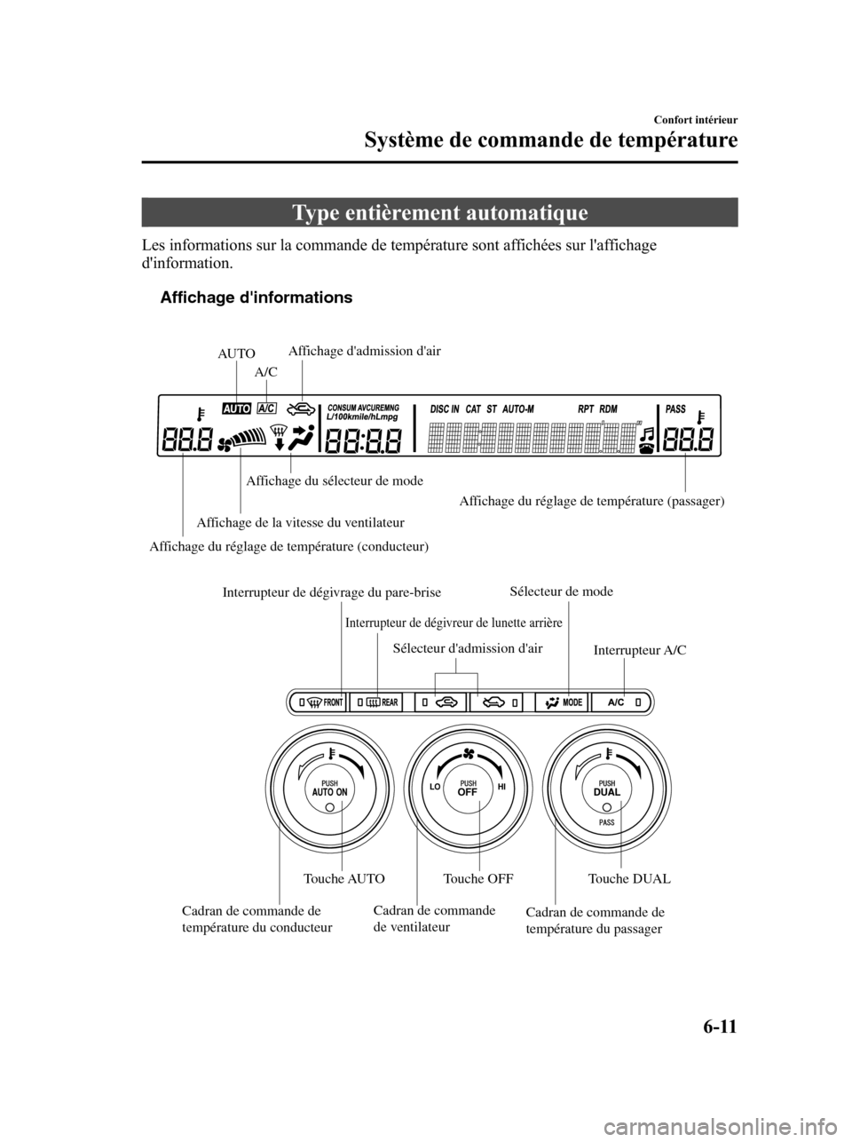 MAZDA MODEL 6 2010  Manuel du propriétaire (in French) Type entièrement automatique
Les informations sur la commande de température sont affichées sur laffichage
dinformation.
Affichage dinformations
A/CAU TOAffichage dadmission dair
Affichage du 