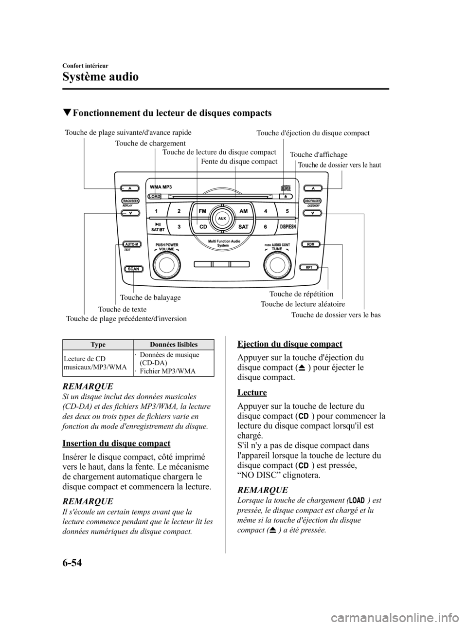 MAZDA MODEL 6 2010 Manuel du propriétaire (in French) qFonctionnement du lecteur de disques compacts
Touche de plage précédente/dinversion Touche de plage suivante/davance rapide
Touche déjection du disque compact
Fente du disque compact Touche de MAZDA MODEL 6 2010 Manuel du propriétaire (in French) qFonctionnement du lecteur de disques compacts
Touche de plage précédente/dinversion Touche de plage suivante/davance rapide
Touche déjection du disque compact
Fente du disque compact Touche de